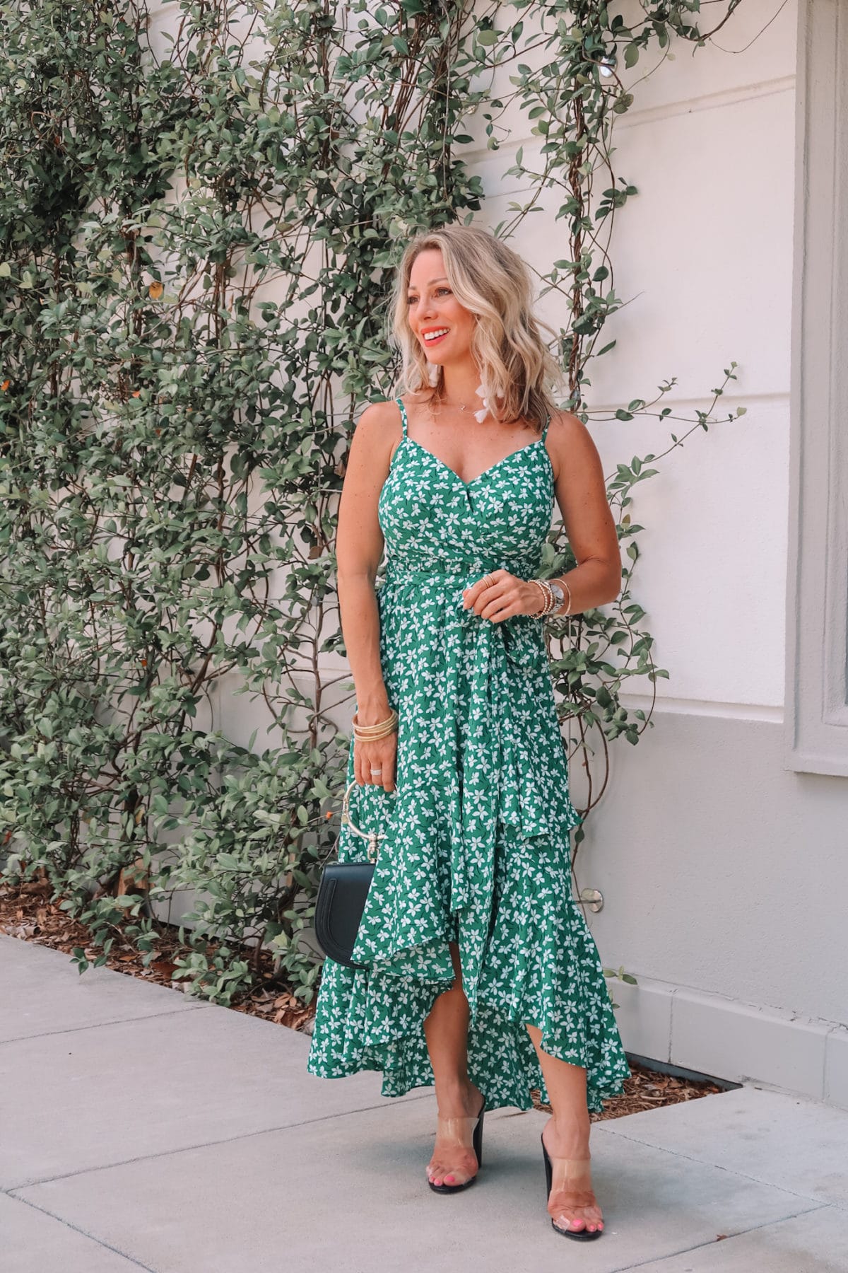 Outfit Roundup, Green High Low Hem Maxi Dress, Clear Sandals 