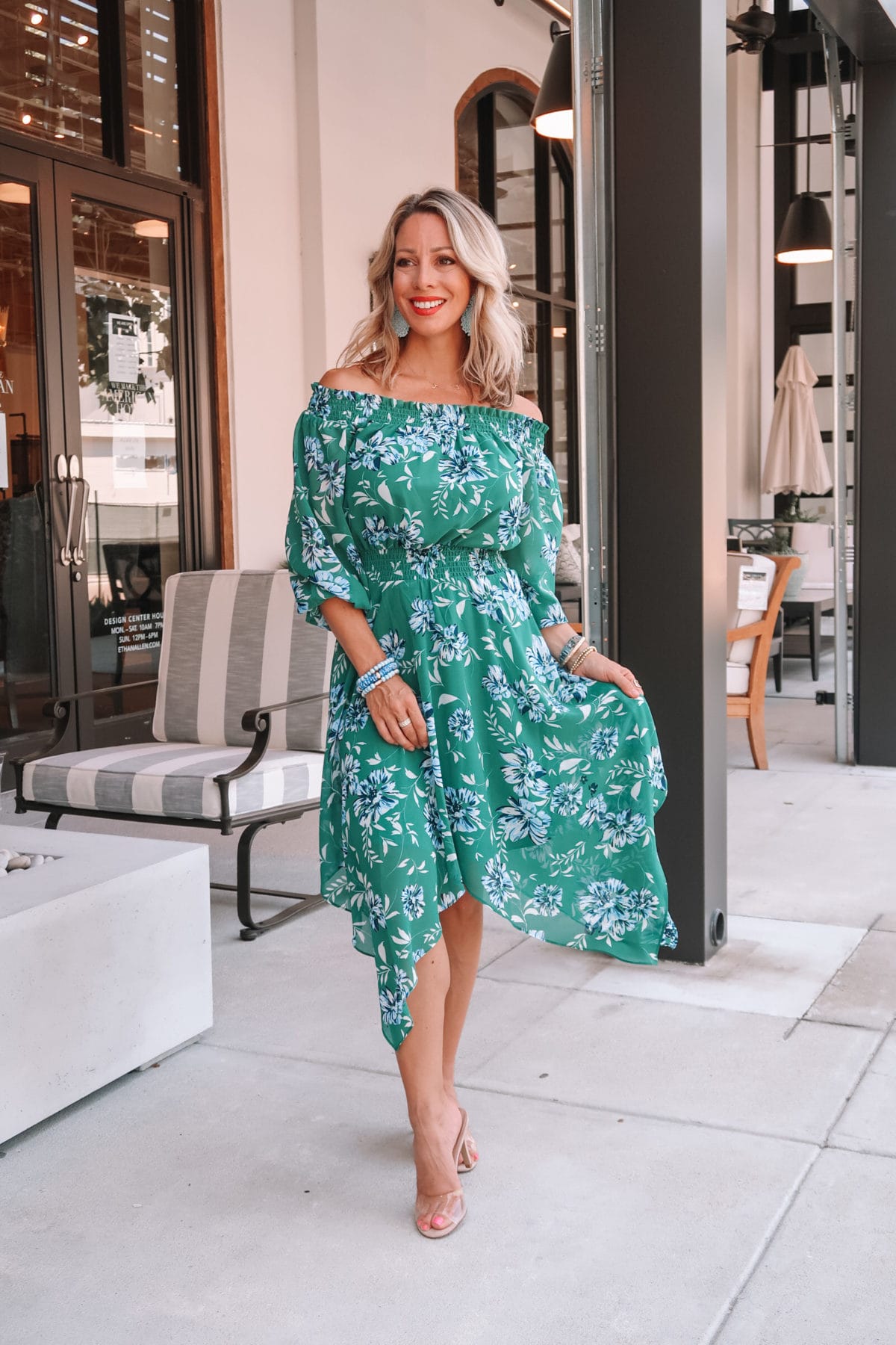 Outfit Roundup, Green Floral Midi Hankerchief Hem Dress, Clear Heels 