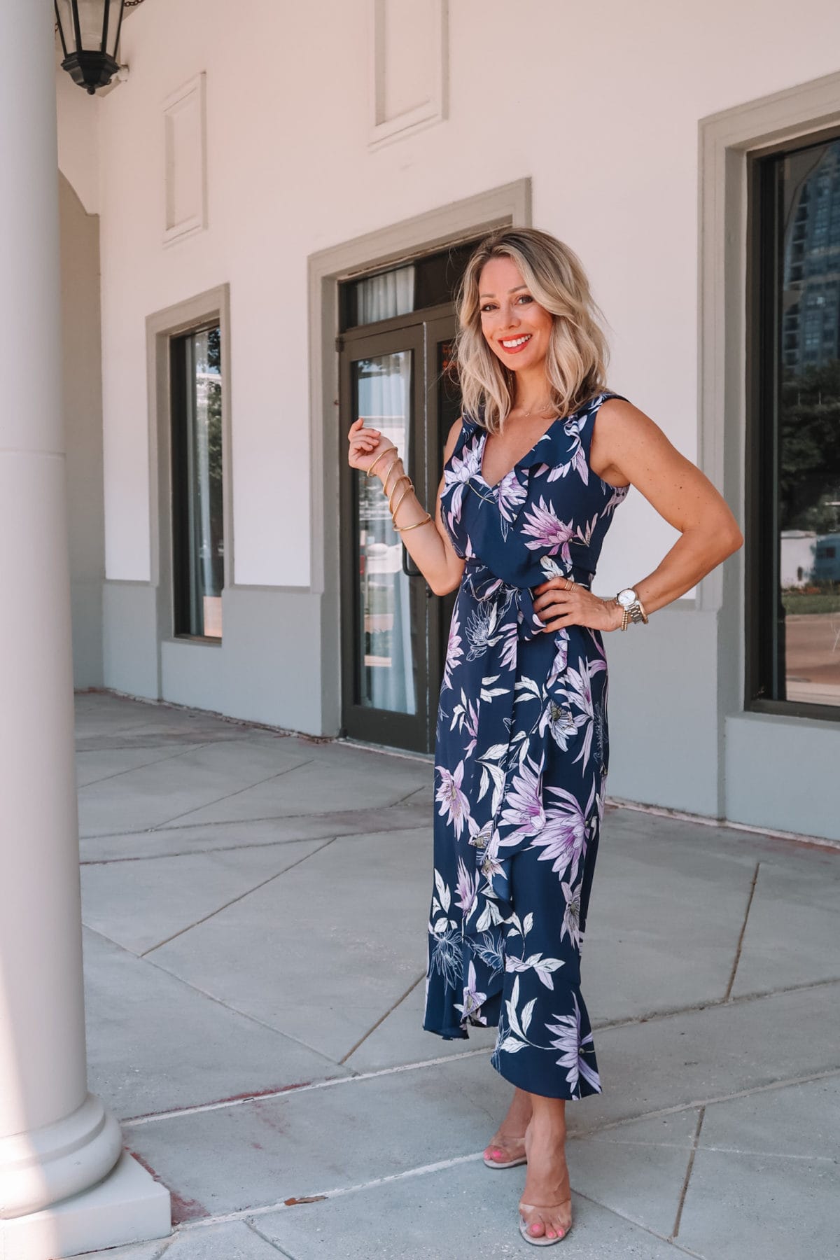 Outfit Roundup, Navy Floral Dress, Clear Heels 