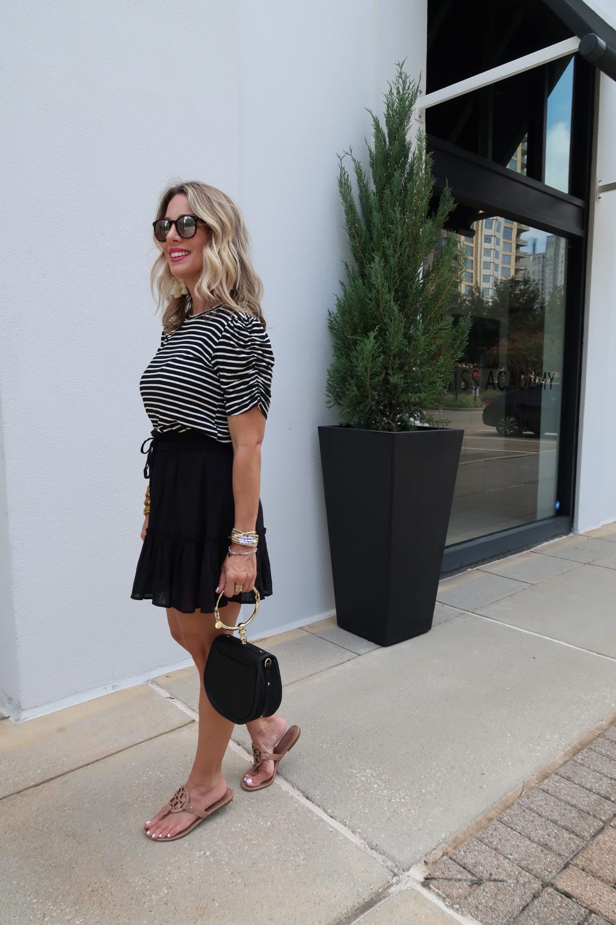 New Summer Styles, Gibson and Nordstrom, Stripe Top, Black Tiered Skirt, Miller Sandals, Ring Bag