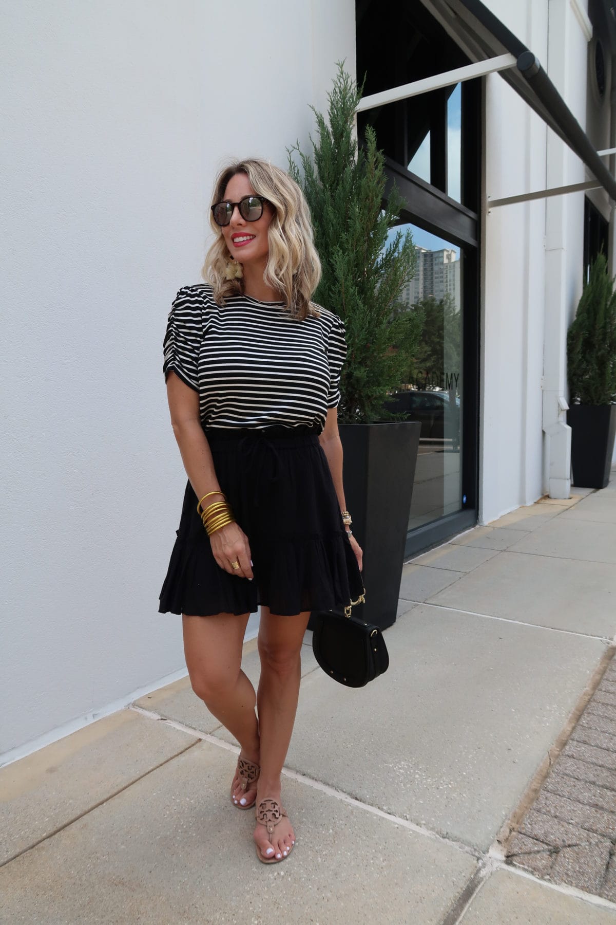 Outfit Roundup, Gibson Striped Puff Sleeve Tee, Black Tiered Mini Skirt, Miller Sandals, Ring Bag