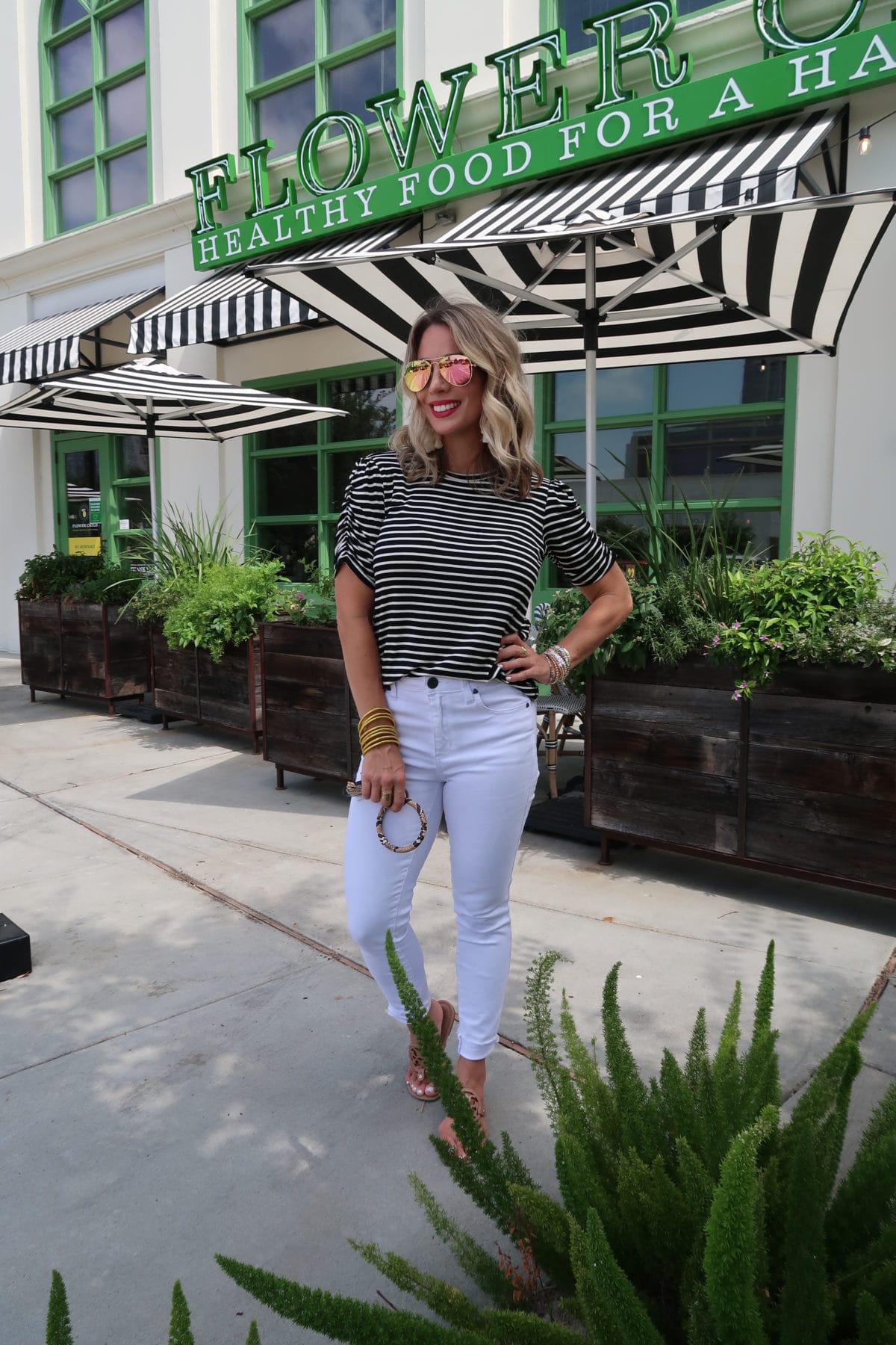 New Summer Styles, Gibson and Nordstrom, Stripe Top, White Jeans, Miller Sandals, Key Ring