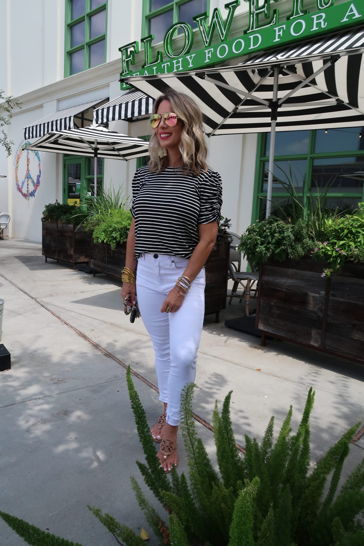 New Summer Styles, Gibson and Nordstrom, Stripe Top, White Jeans, Miller Sandals, Ring Bag