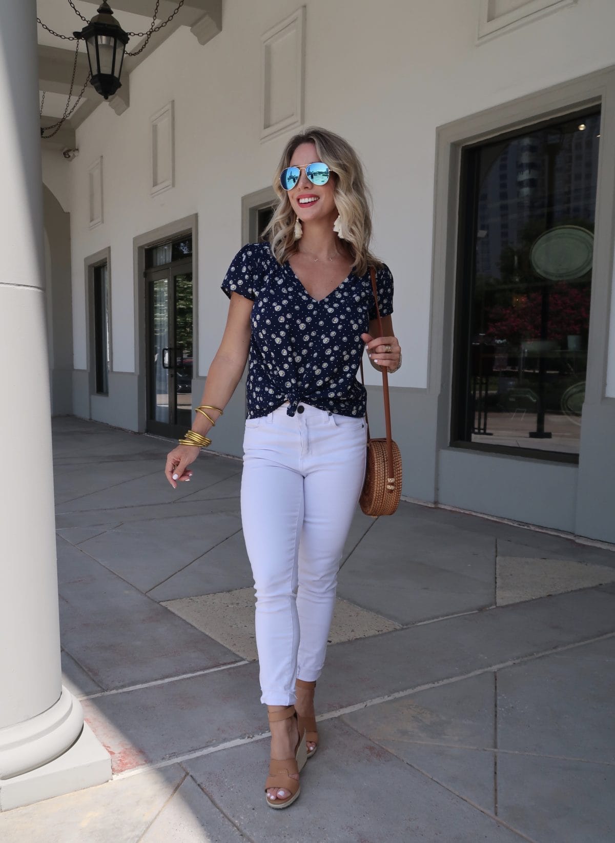 New Summer Styles, Nordstrom and Gibson, Daisy Print Top, Kut from Kloth Jeans, Wedges, Woven Bag, Blue Sunglasses
