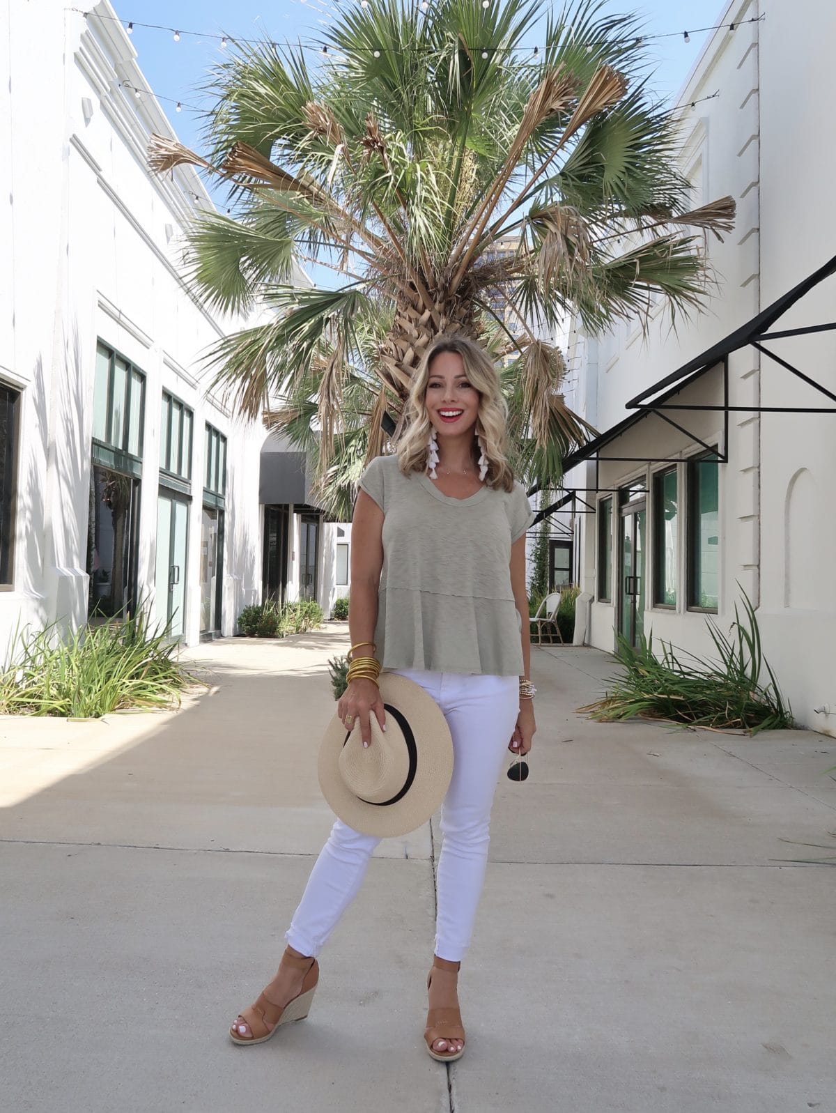 Flirty Summer Styles & Date Night Dresses, Tee, White Jeans, Wedges, Hat