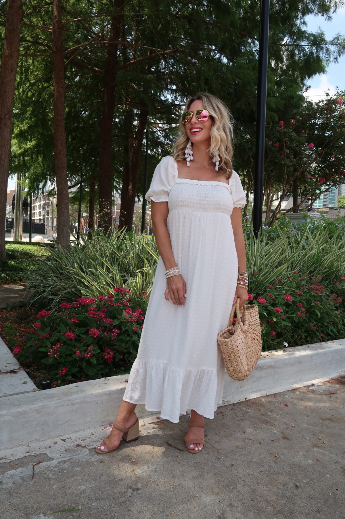 New Summer Styles, Gibson and Nordstrom, White Clip Dot Dress, Sandals, Woven Bag 