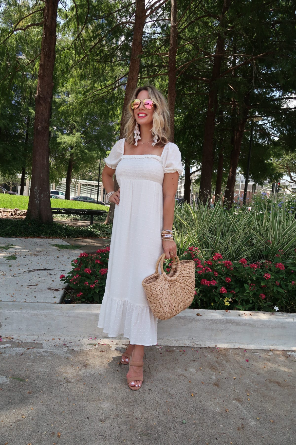 New Summer Styles, Gibson and Nordstrom, White Clip Dot Dress, Sandals, Woven Bag 