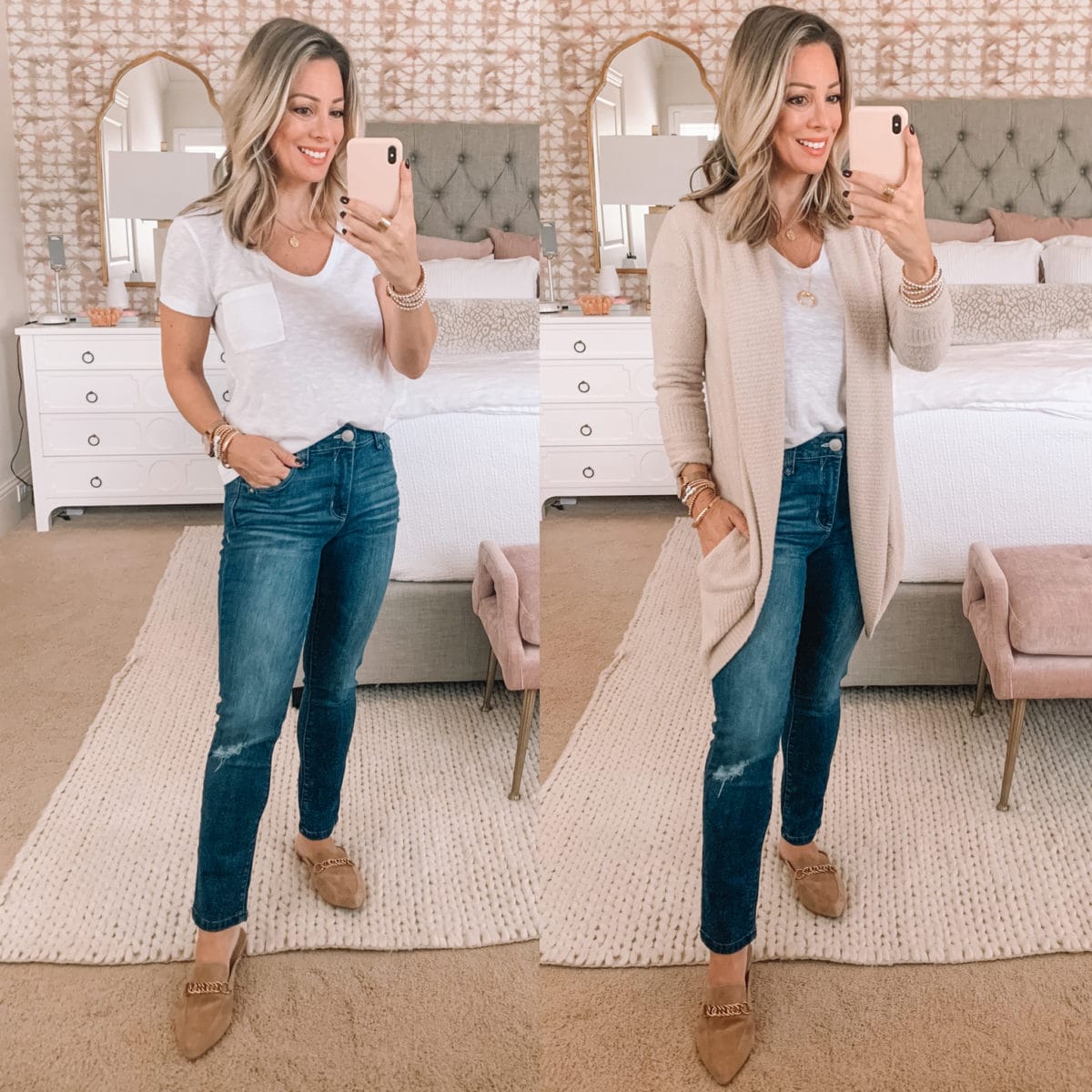 Nordstrom Fashion Finds, Pocket Tee, Cardigan, Jeans, Chain Mules 