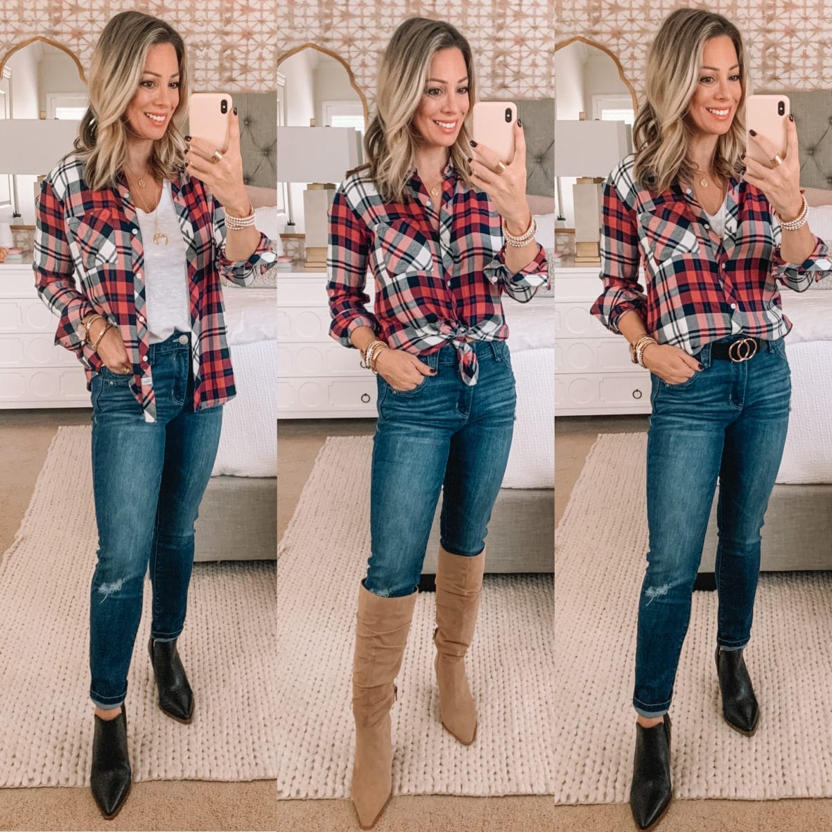 Nordstrom Fashion Finds, Rails Plaid button down, Jeans, Booties, Knee High Boots, Circle Belt