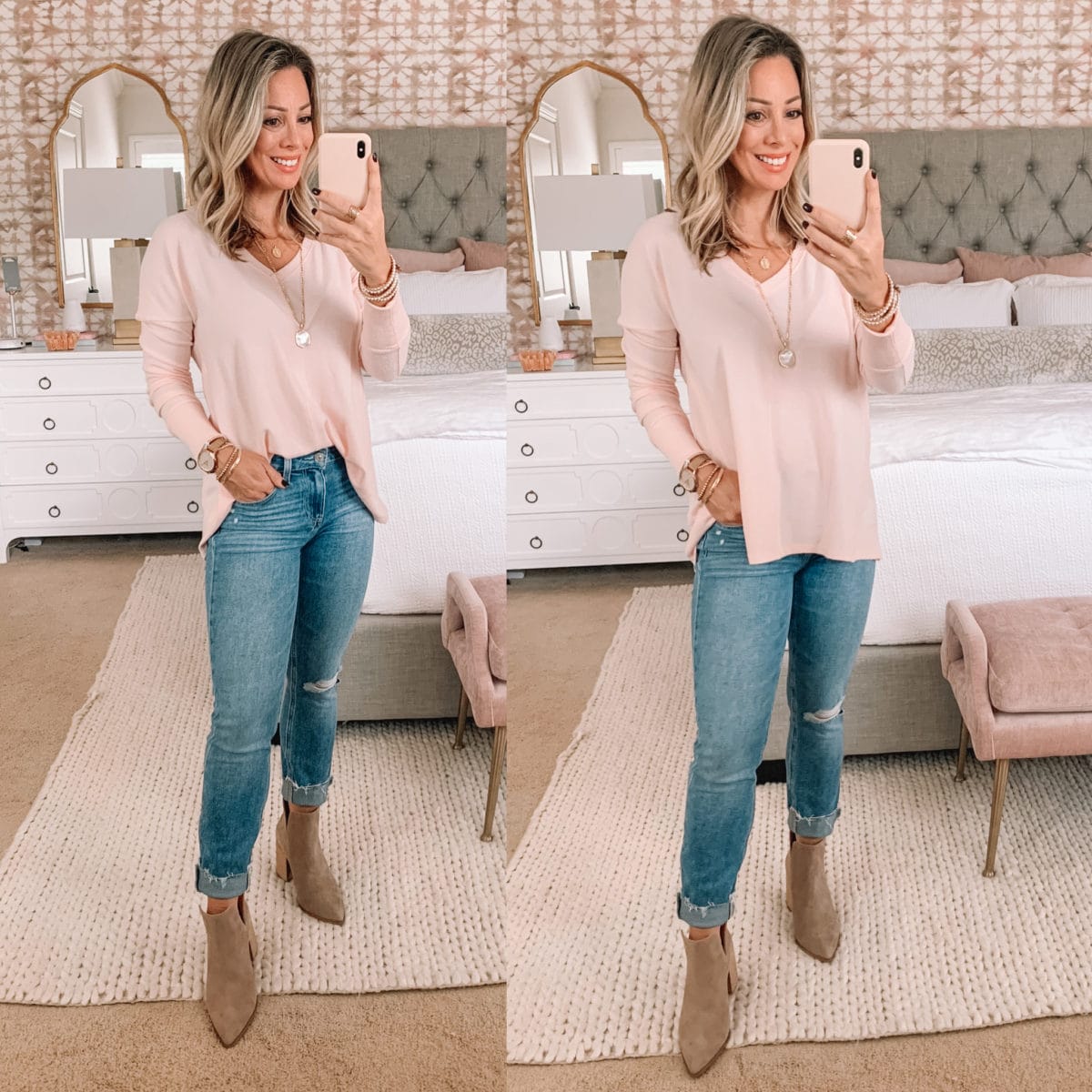 Nordstrom Sale Finds, Pink V-Neck Tunic, Jeans, Booties