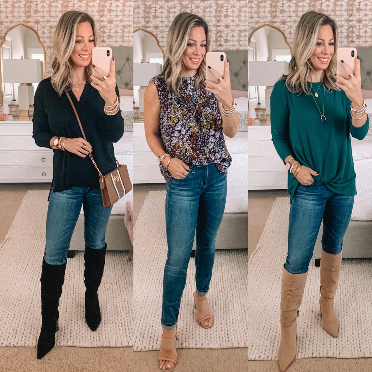 Nordstrom Sale Finds, Black Sweater, Skinny Jeans, Knee High Boots, Floral Top, Sandals, Gibson Twist Tunic