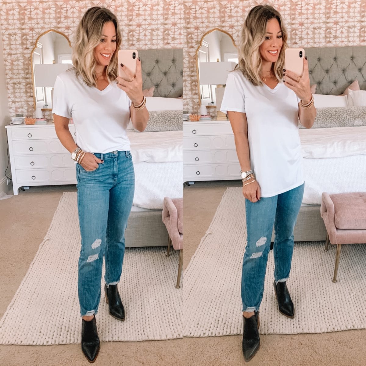 Amazon Fashion Faves, V Neck Tee, Jeans, Booties