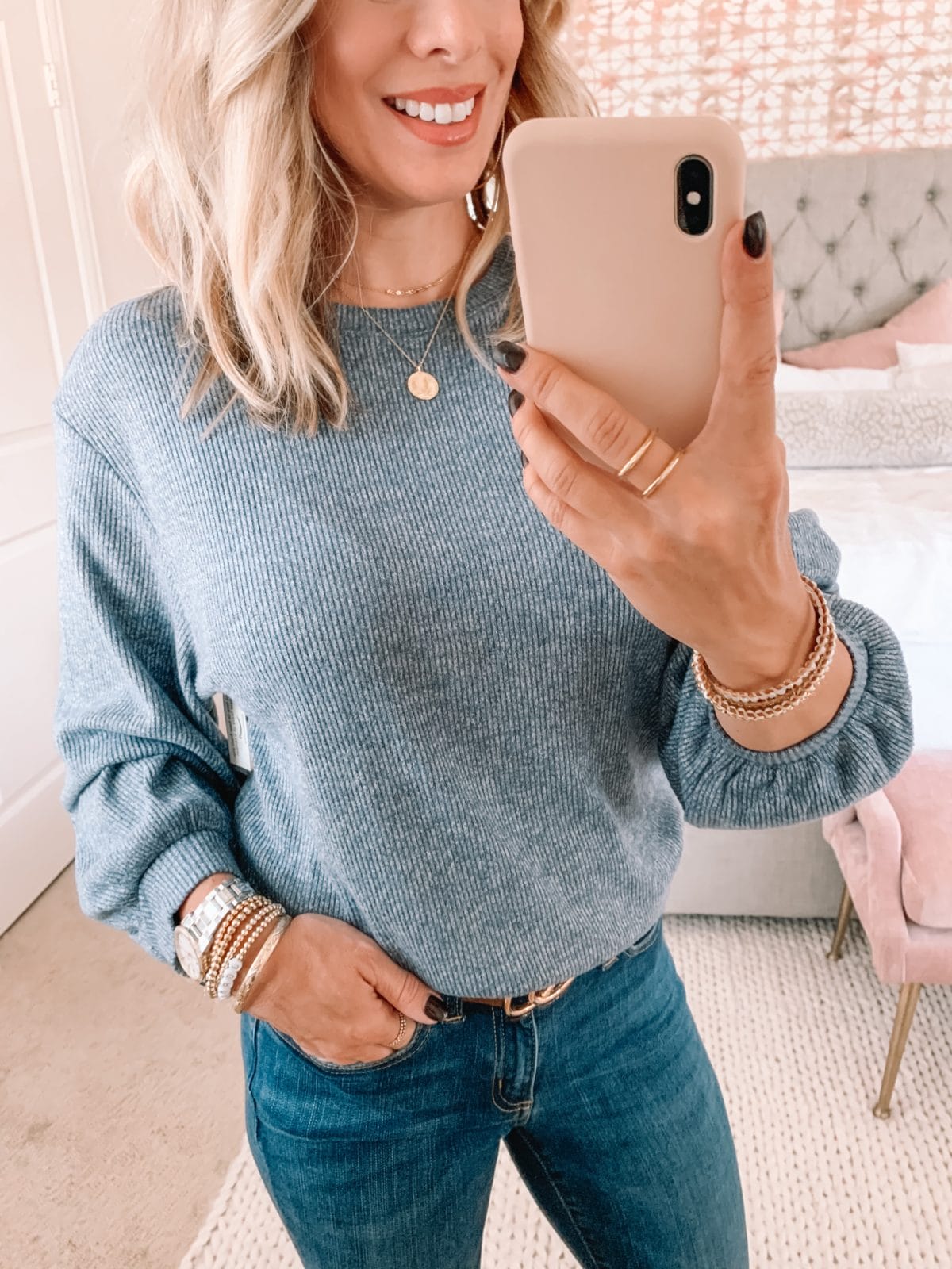 Amazon Fashion Faves, Blue Puff Sleeve Sweater, Jeans