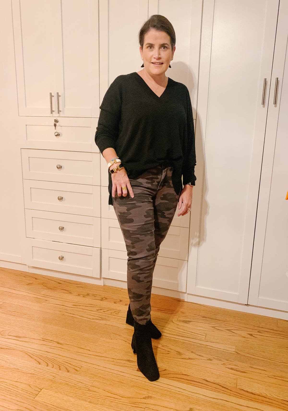 Nordstrom Sale, What Ali-Shaun Bought, Black V-Neck Sweater, Camo Pants, Booties