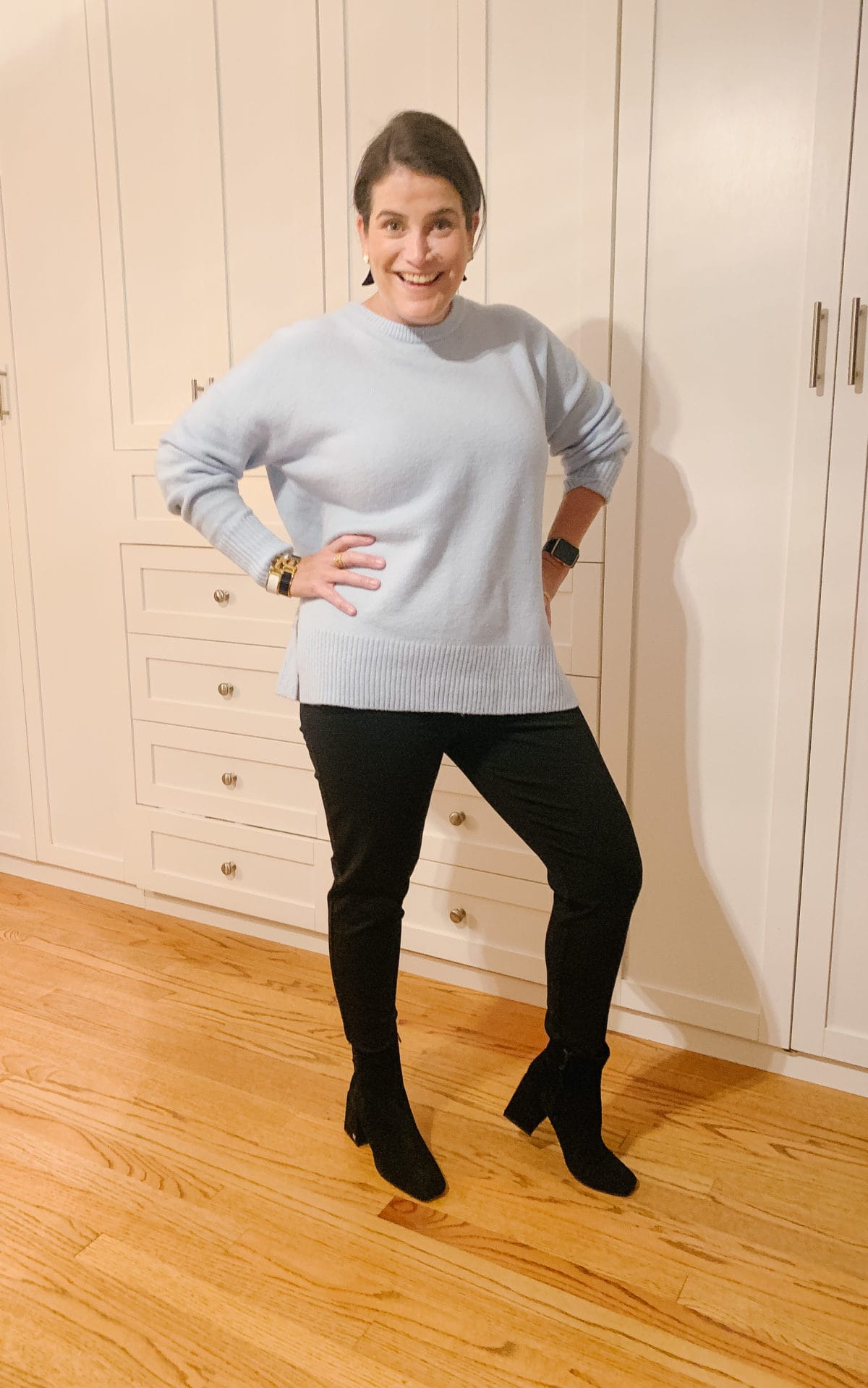 Nordstrom Sale, What Ali-Shaun Bought, Blue Crew Neck Sweater, Black Jeans,Booties