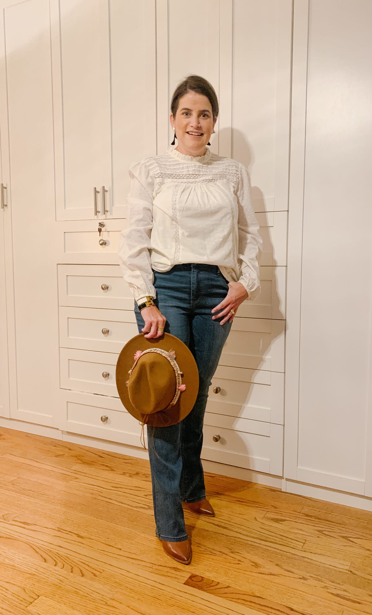 Nordstrom Sale, What Ali-Shaun Bought, White Pin Tuck Blouse, Bootcut Jeans, Booties, Hat