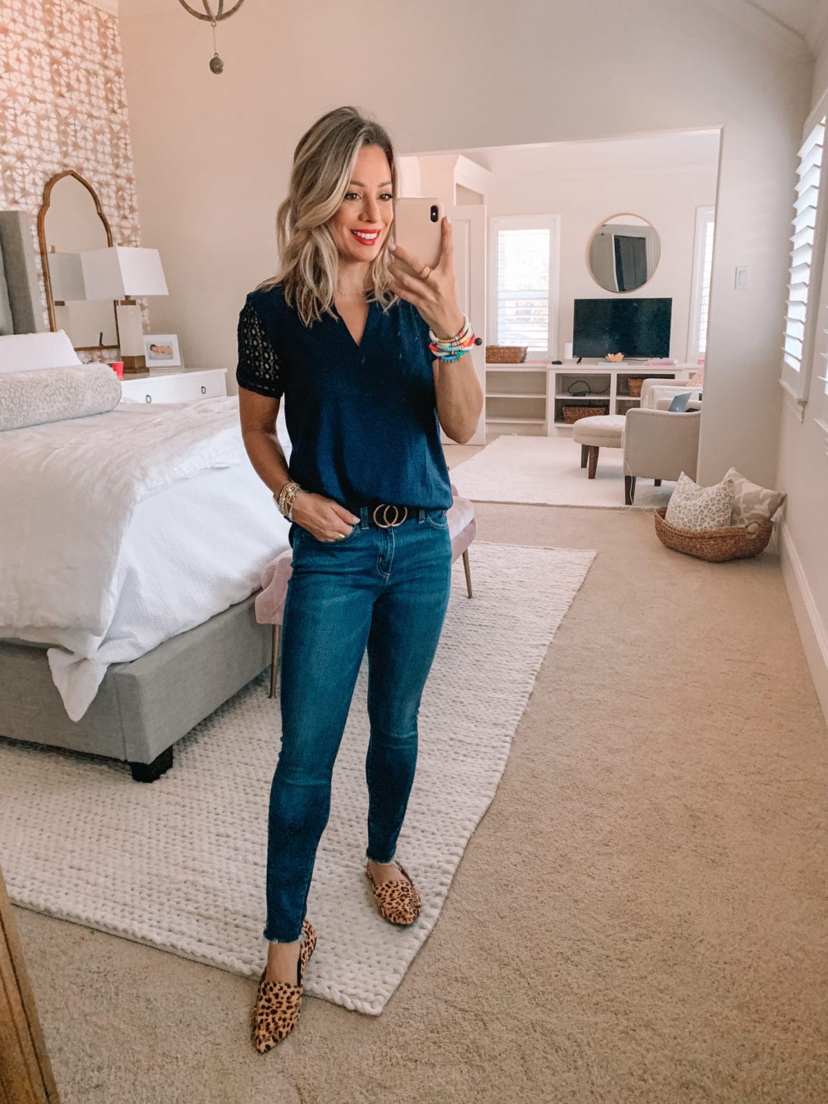 Amazon Fashion Finds, Lace Sleeved Tee, Jeans, Leopard Flats, Circle Belt 
