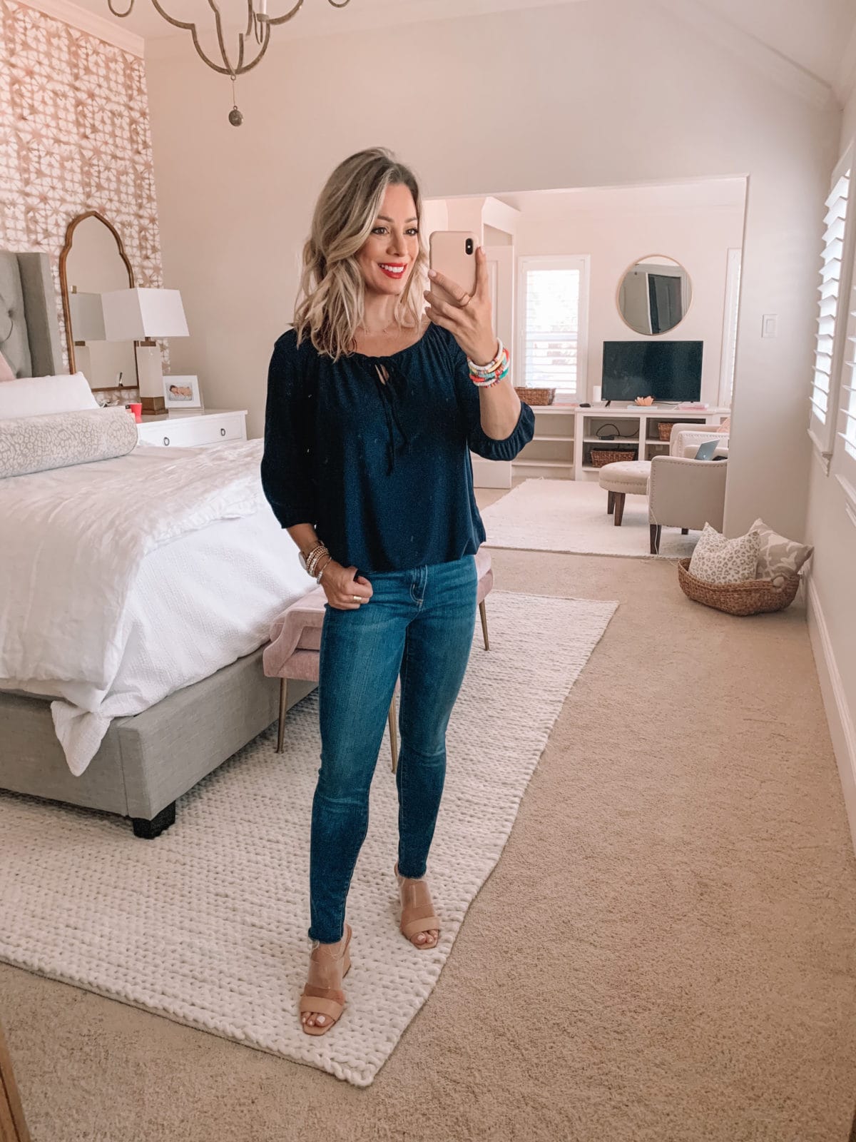 Amazon Fashion Finds, Peasant Top, Skinny Jeans, Sandals 
