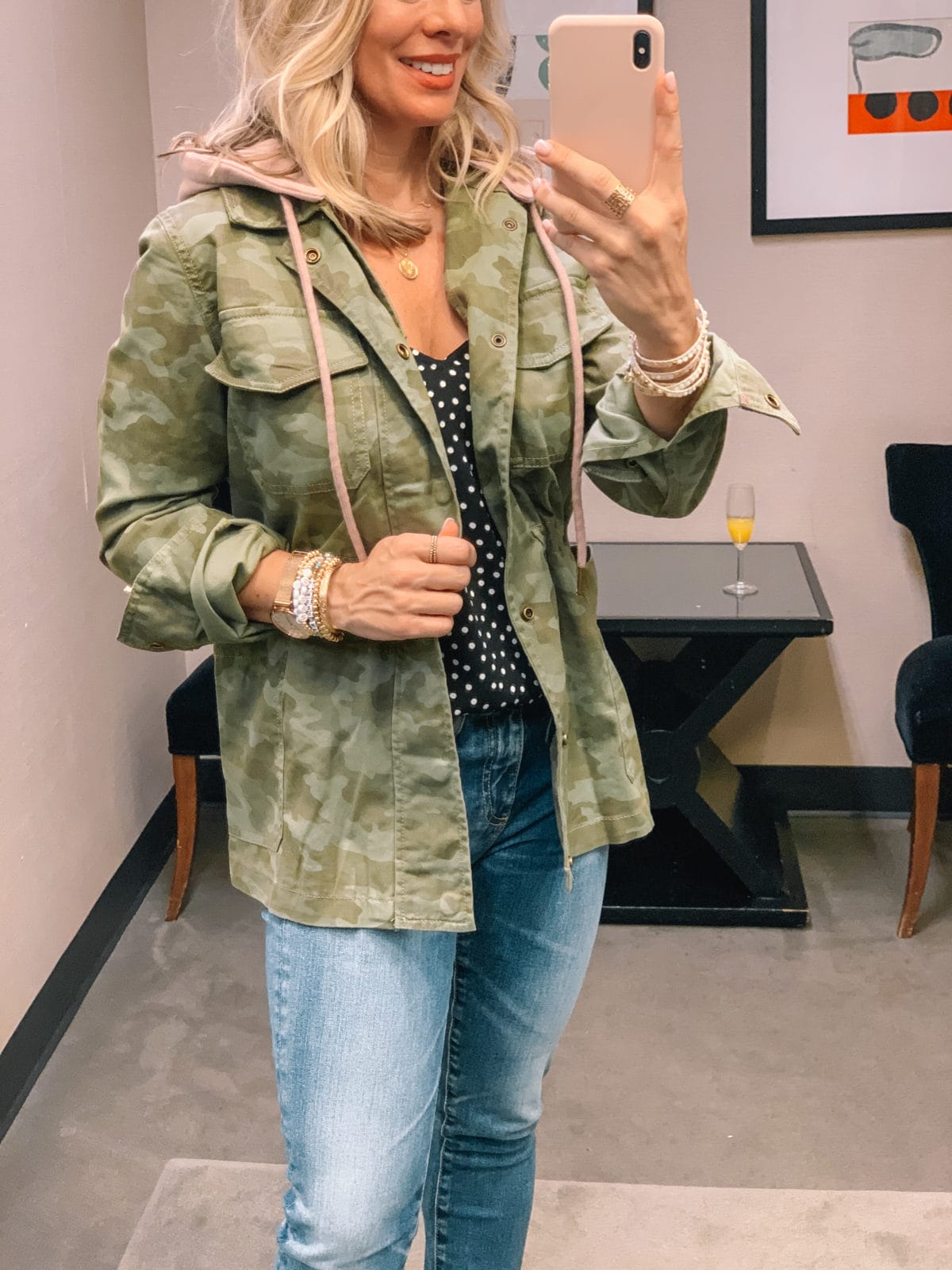 Nordstrom Anniversary Sale 2020 casual camo jacket blouse and jeans