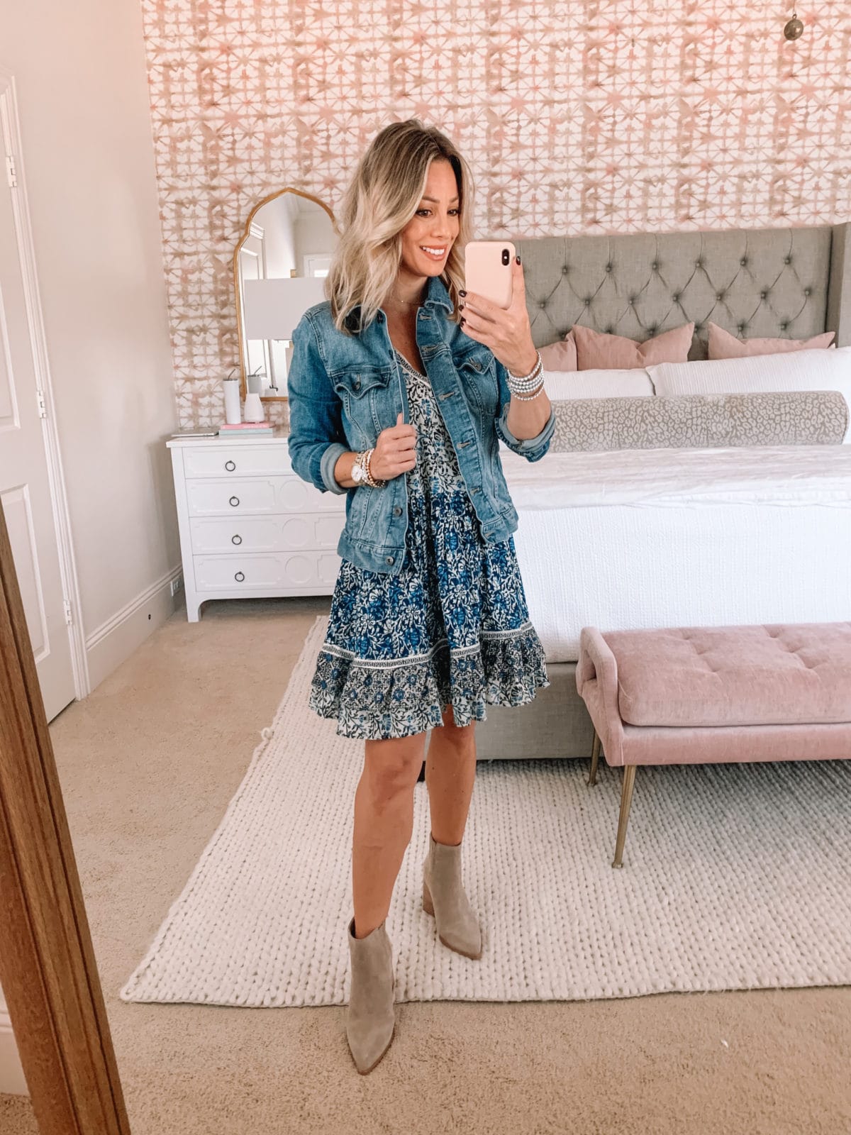 Red Dress Fashion Finds, Blue Floral Dress, Booties, Jean Jacket