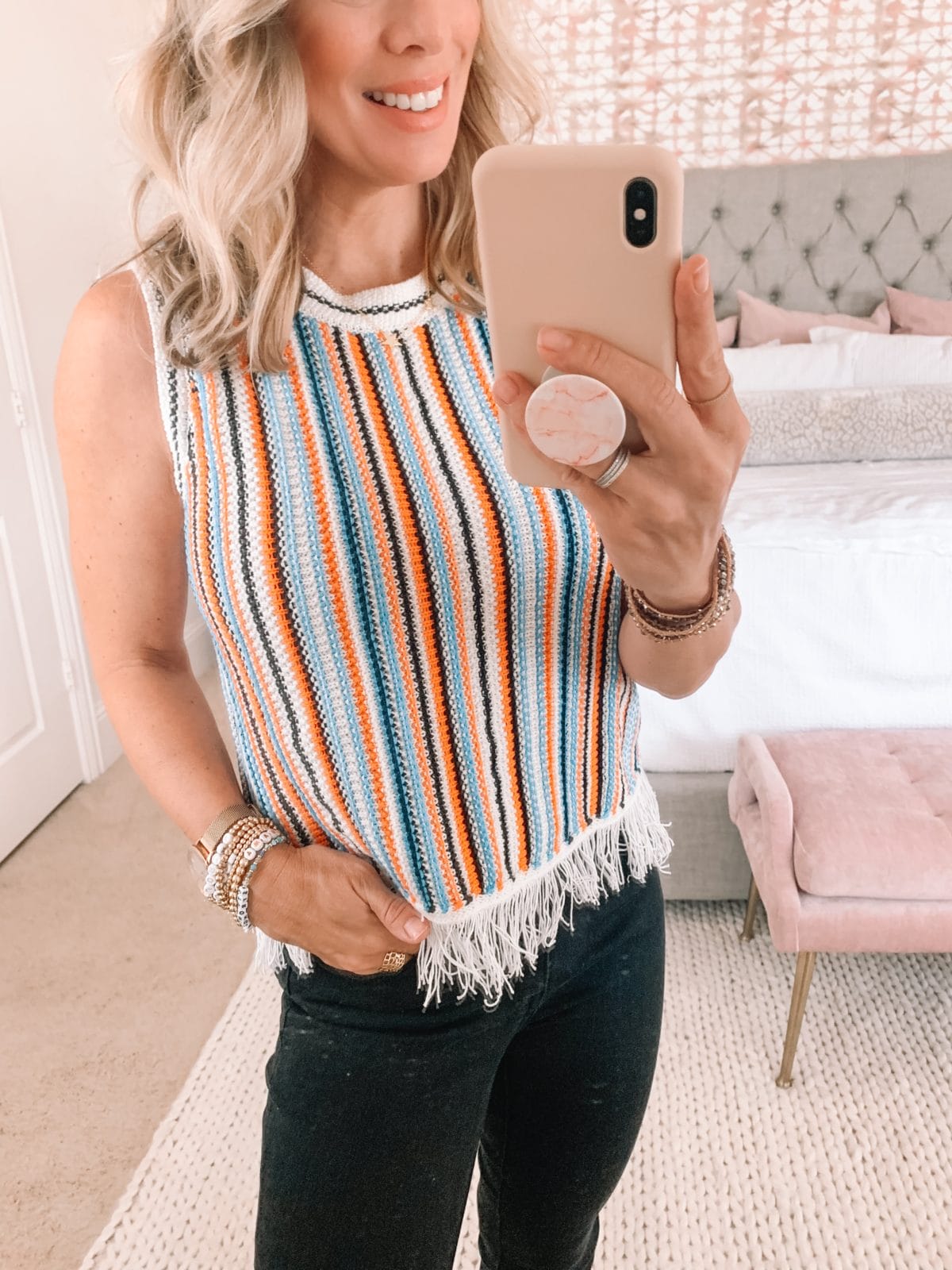 Loft Dressing Room, Striped Sweater Tank with Fringe, Jeans