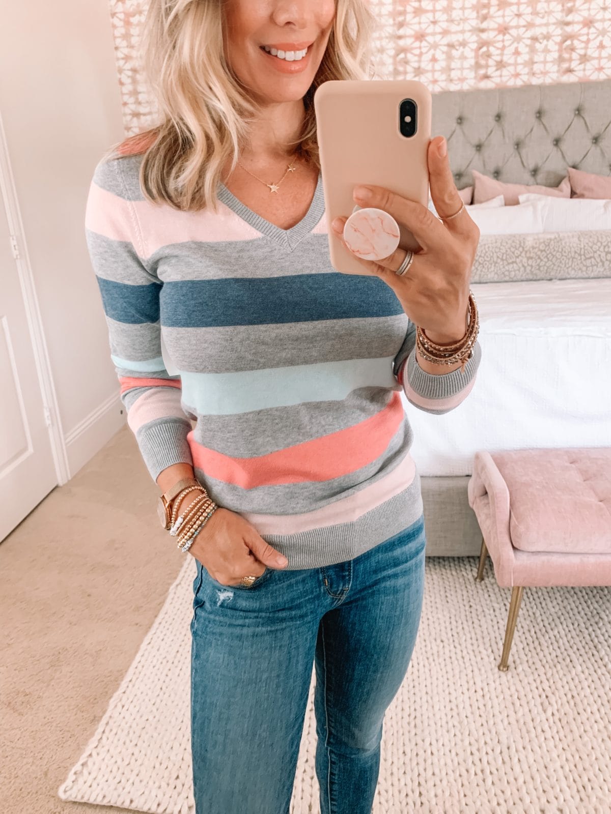 Amazon Fashion Faves, Striped Sweater, Jeans, Booties