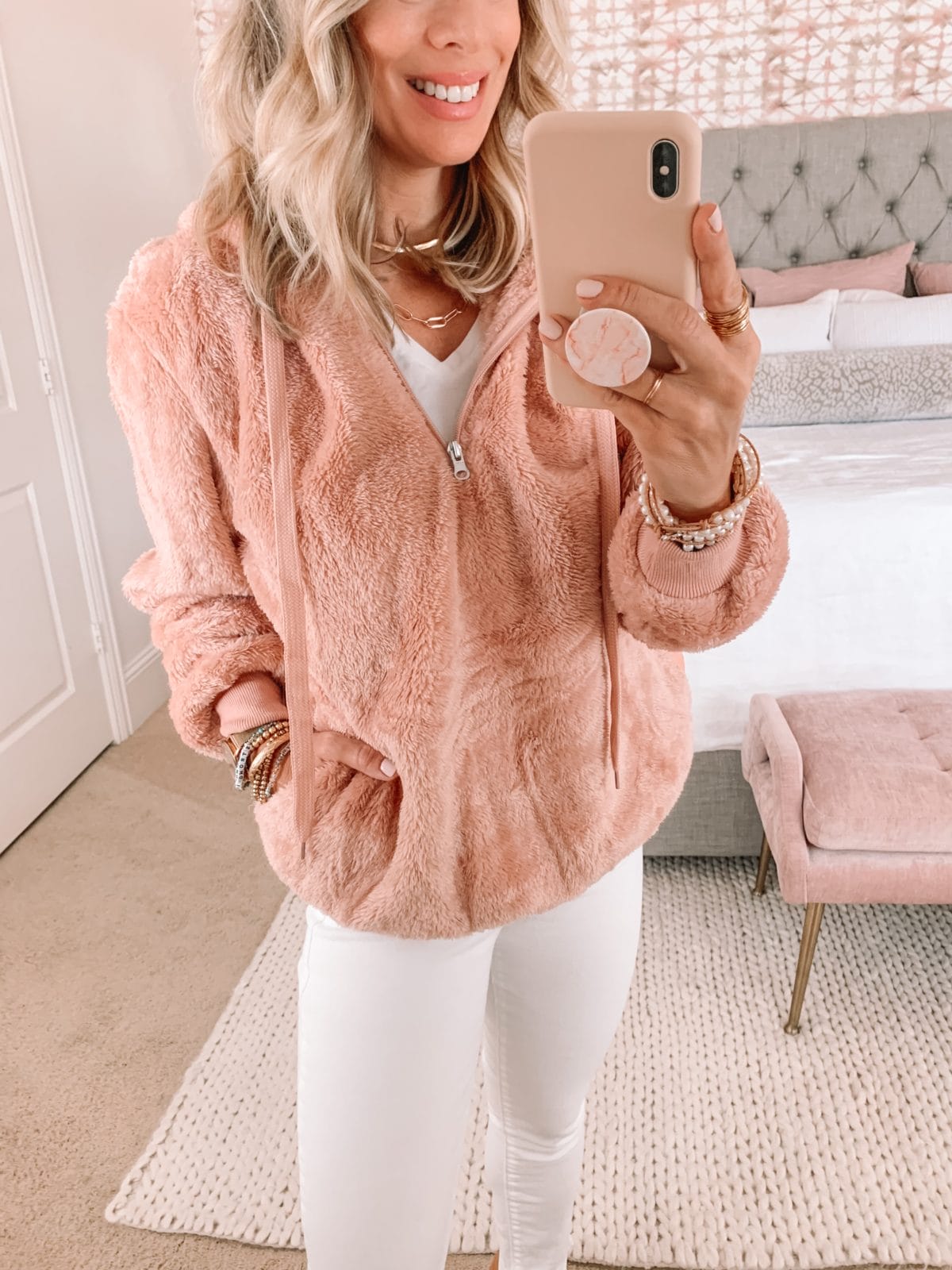 Amazon Fashion Faves, Pink Pullover, White Denim 