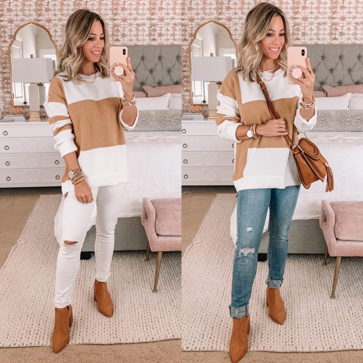 Amazon Fashion Faves, Colorblock Sweater, White Jeans, Denim, Fall Outfit