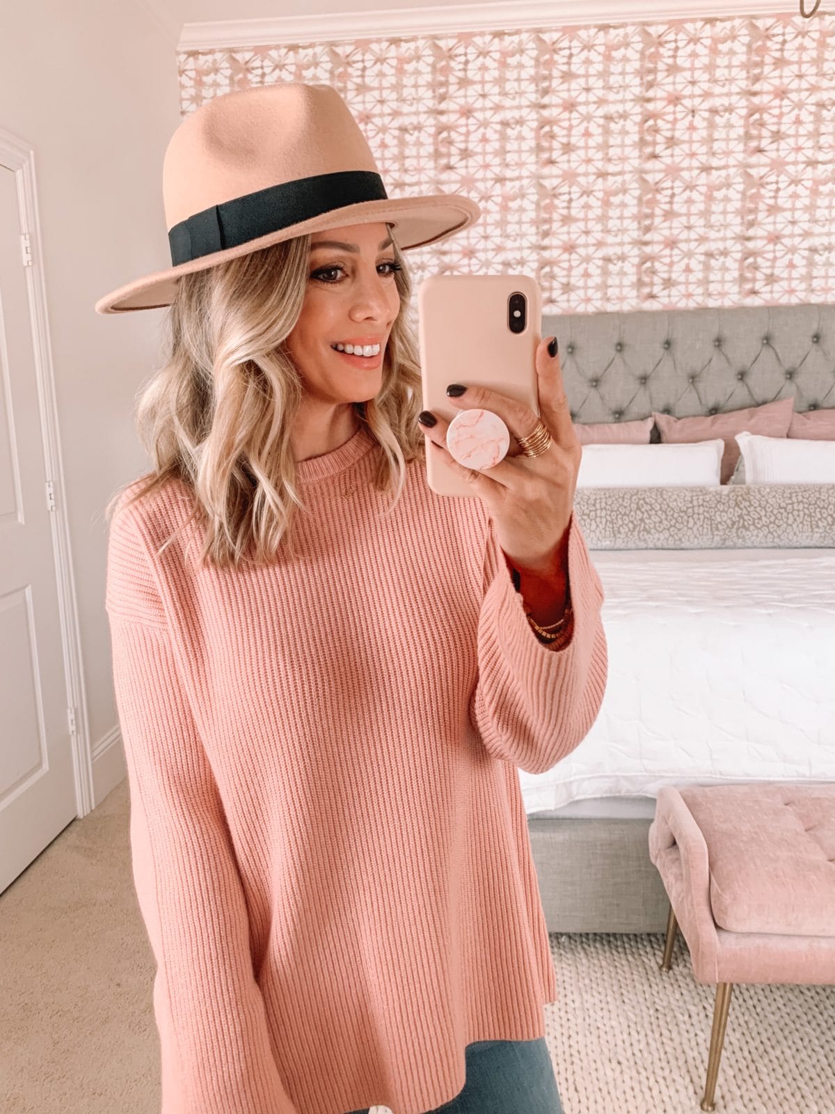 Amazon Fashion Faves, Pink Crew Neck Ribbed Sweater, Hat