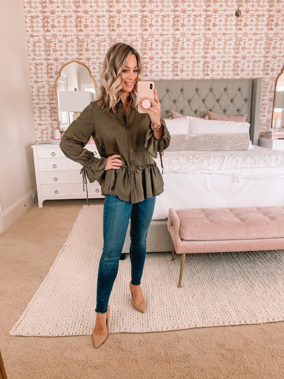 Amazon Fashion Faves, relaxed Peplum Top, Jeans, Heels