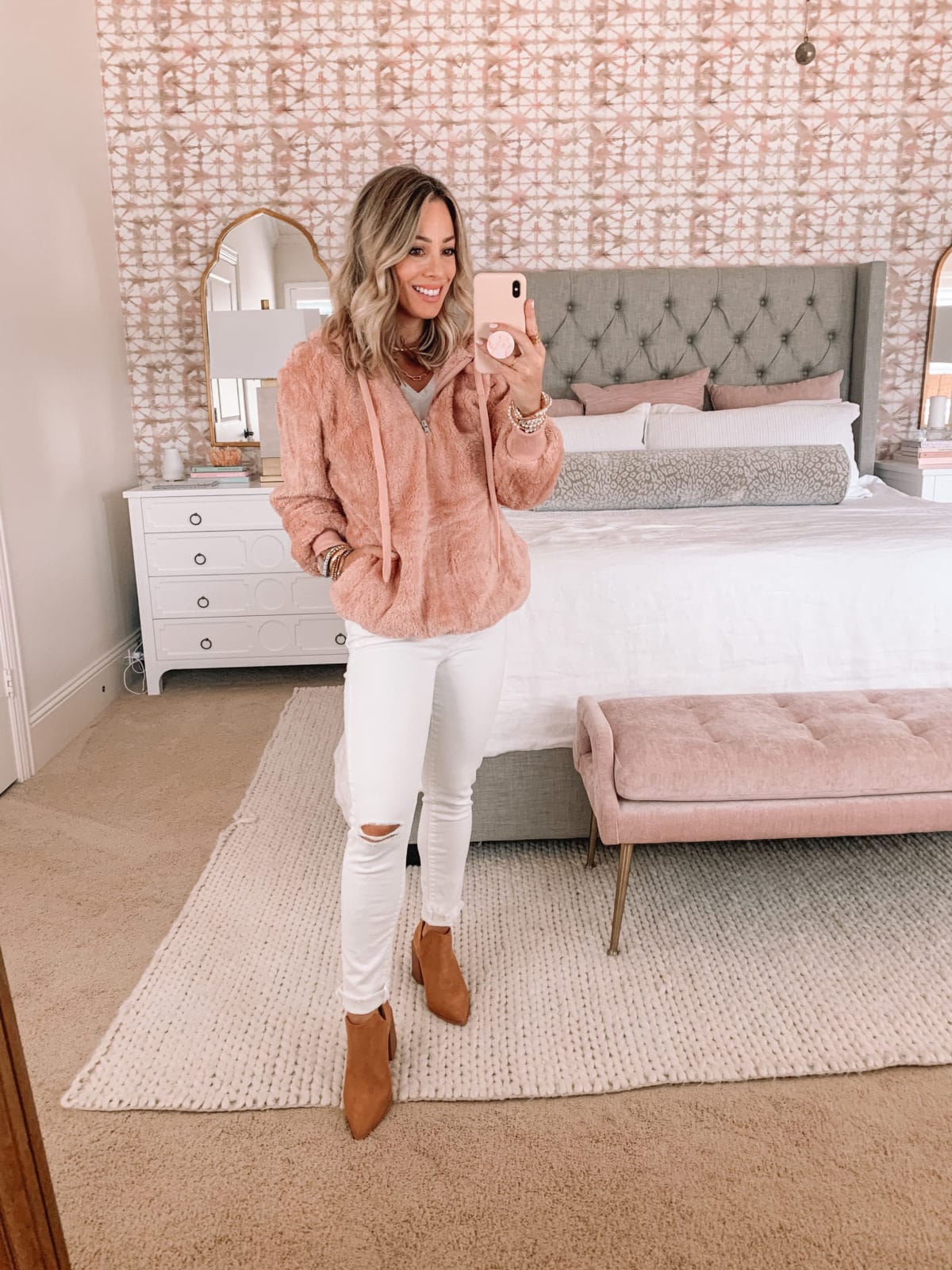 Amazon Fashion Faves, Pink Pullover, White Denim, Booties