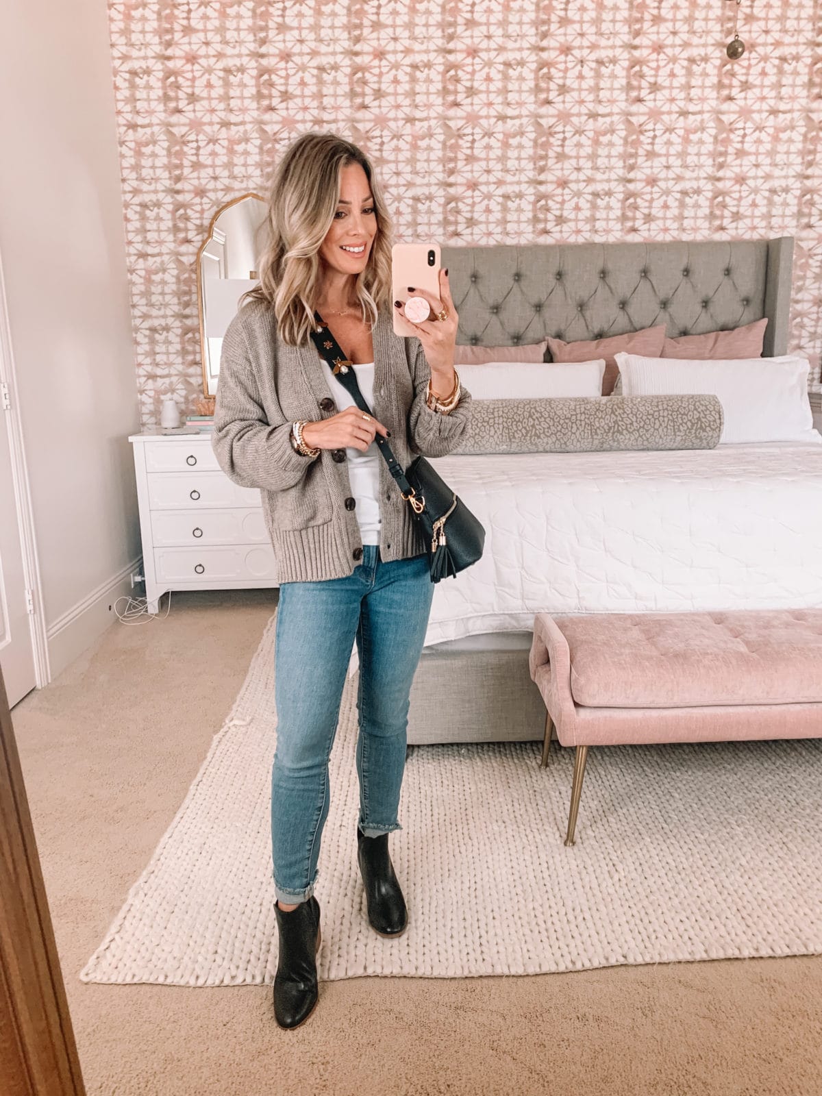 Amazon Fashion Faves, Button Down Cardigan, Cami, Booties 