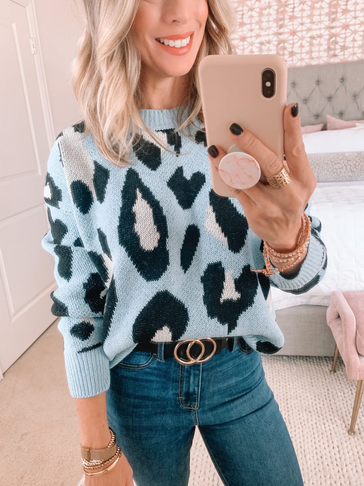 Walmart Fashion Finds, Blue Leopard Sweater, Jeggings, Circle Belt 