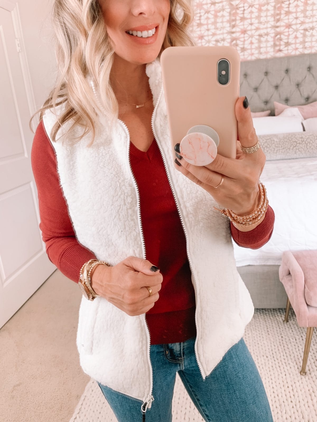 Amazon Fashion Faves, Fleece Vest, Red Long Sleeve Top, Jeans