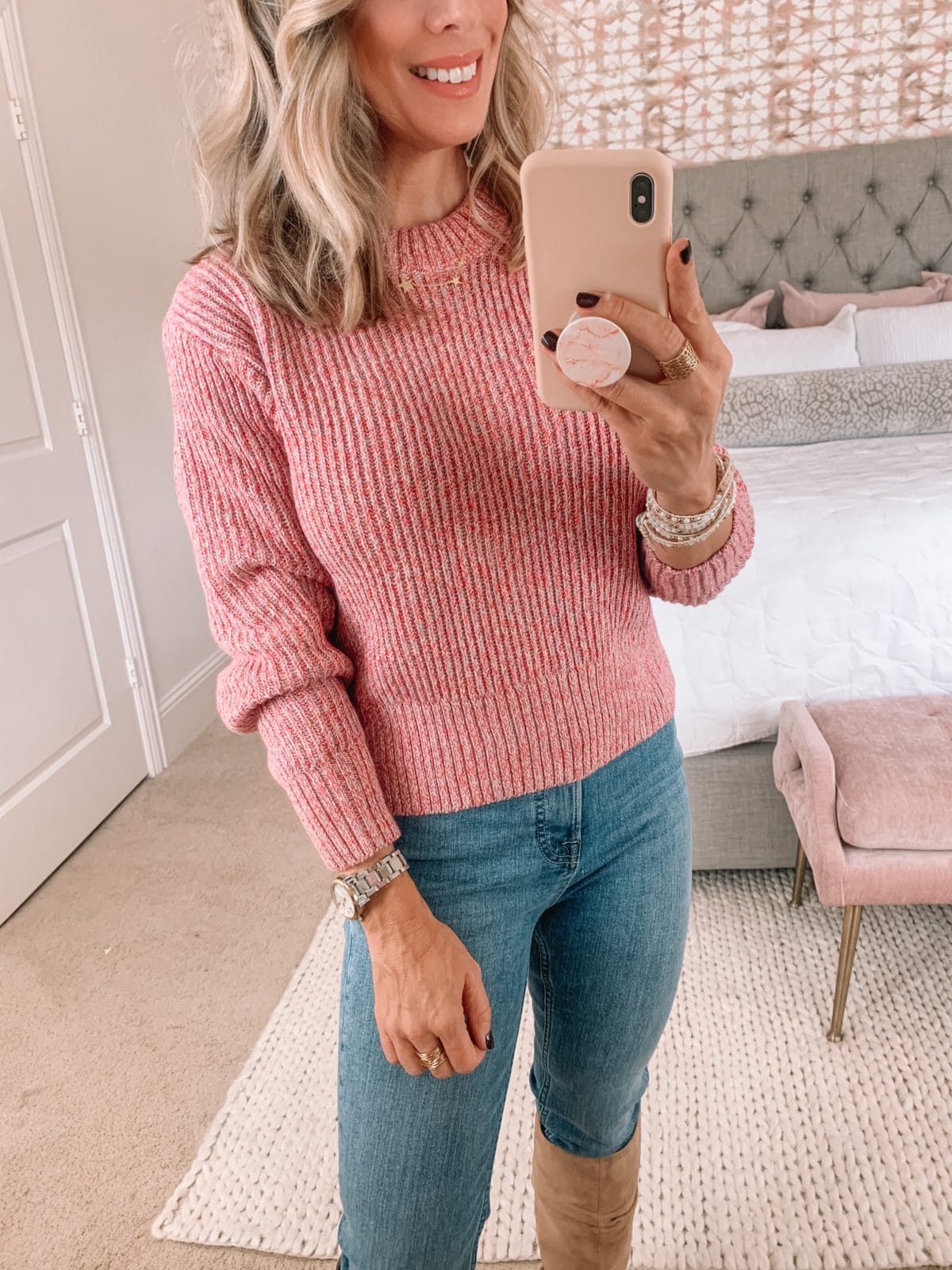 Walmart Fashion, Pink Marled Sweater, Jeans, Boots