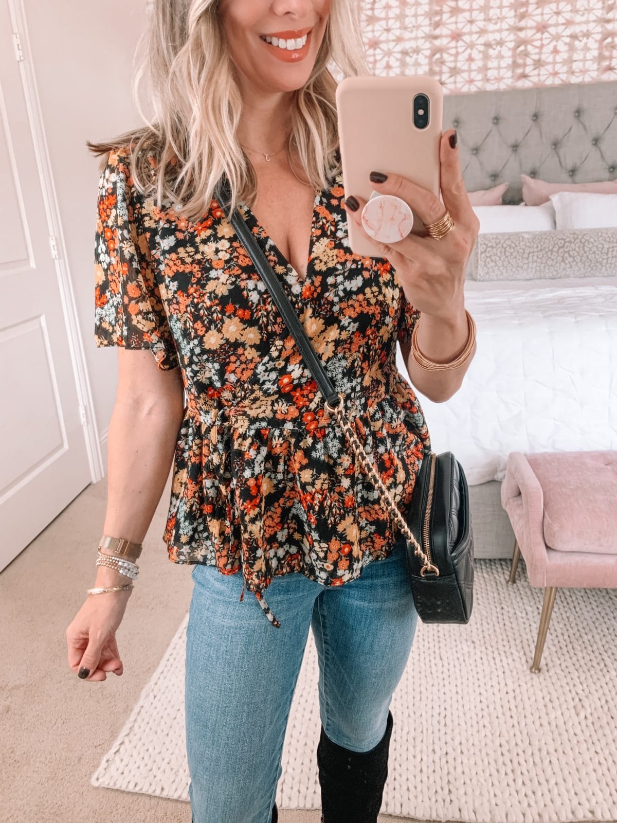 Dressing Room Finds Nordstrom, Floral Top, Jeans, Crossbody, Boots