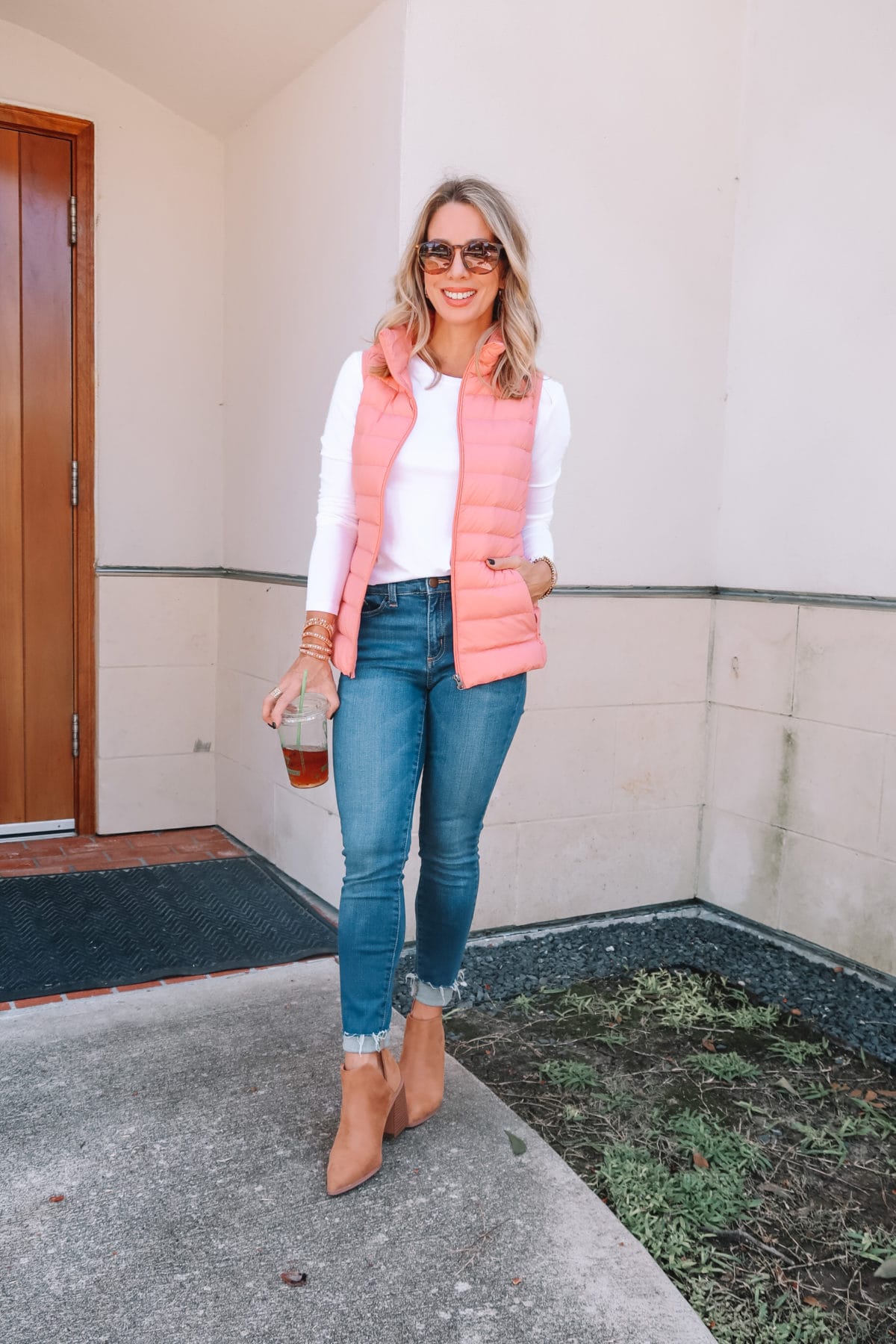 Outfits Lately, White Tee, Puff Vest, Jeans, Booties