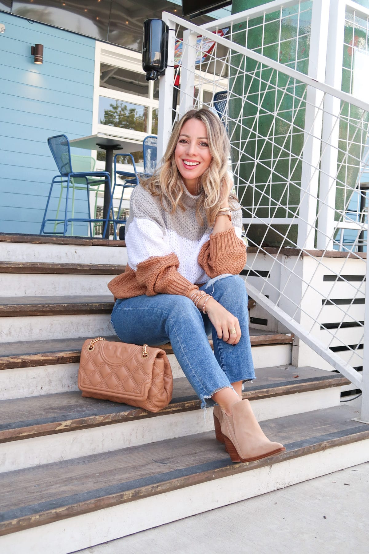 Outfits Lately, Colorblock Sweater, Jeans, Booties, Crossbody
