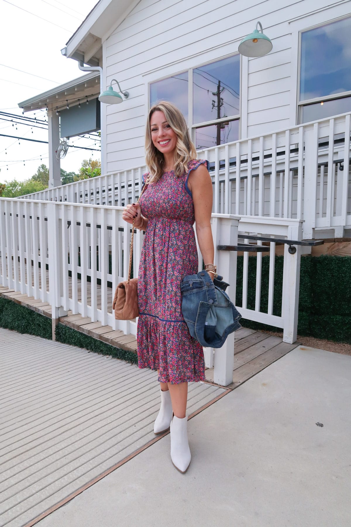 Outfits Lately, Floral Smocked Top Dress, Booties, Denim Jacket, Crossbody Bag