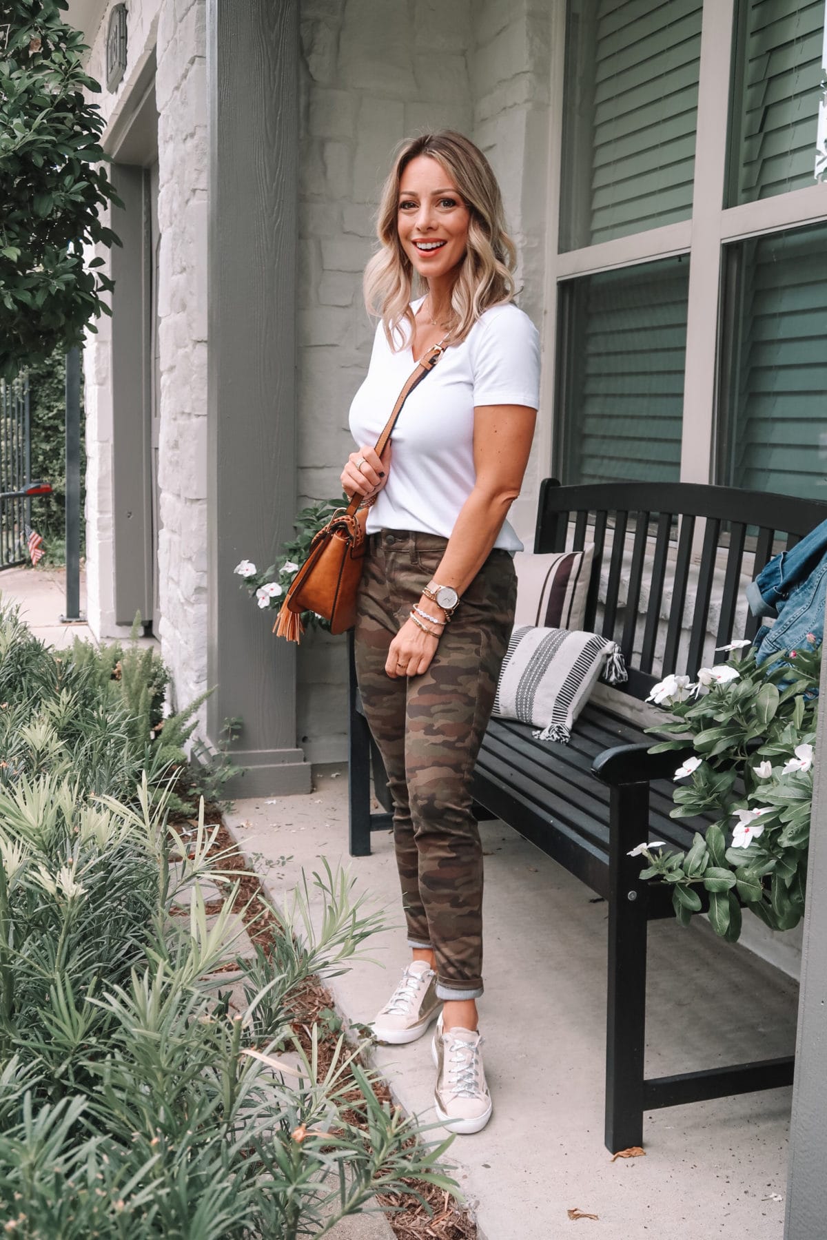 Outfits Lately, Amazon Essentials Tee, Camo Joggers, Star Sneakers, Crossbody Bag
