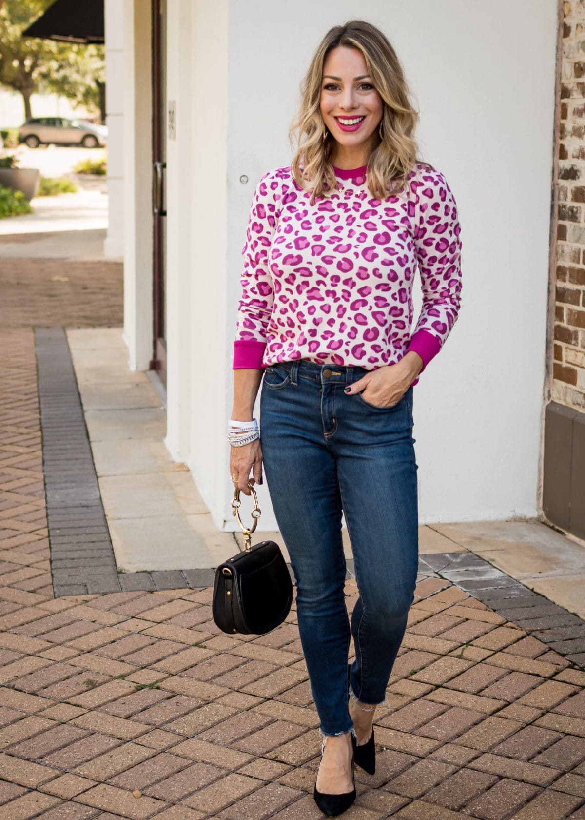 Gibson Fashion, Pink Leopard Sweater, Daily Ritual Jeans, Heels, Ring Clutch