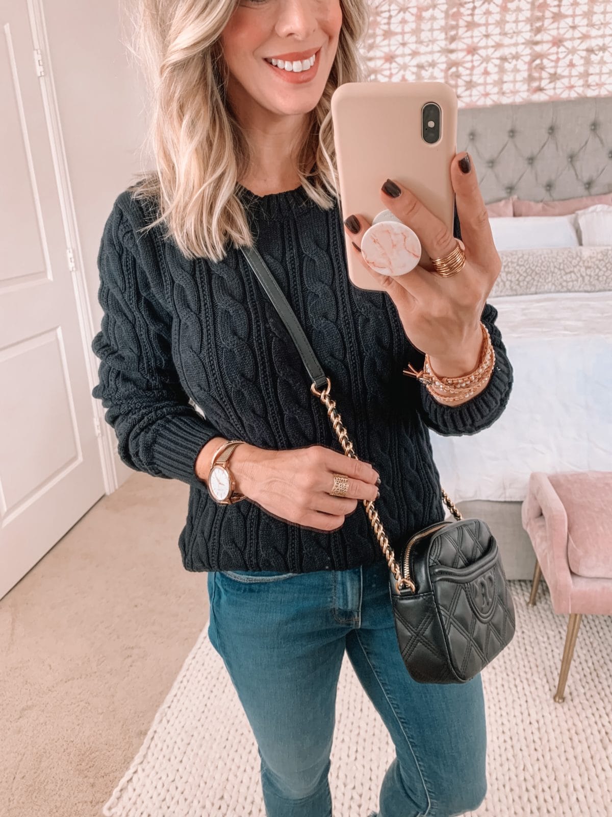 Amazon Fashion Faves, Cable Knit Sweater, Jeans, Crossbody