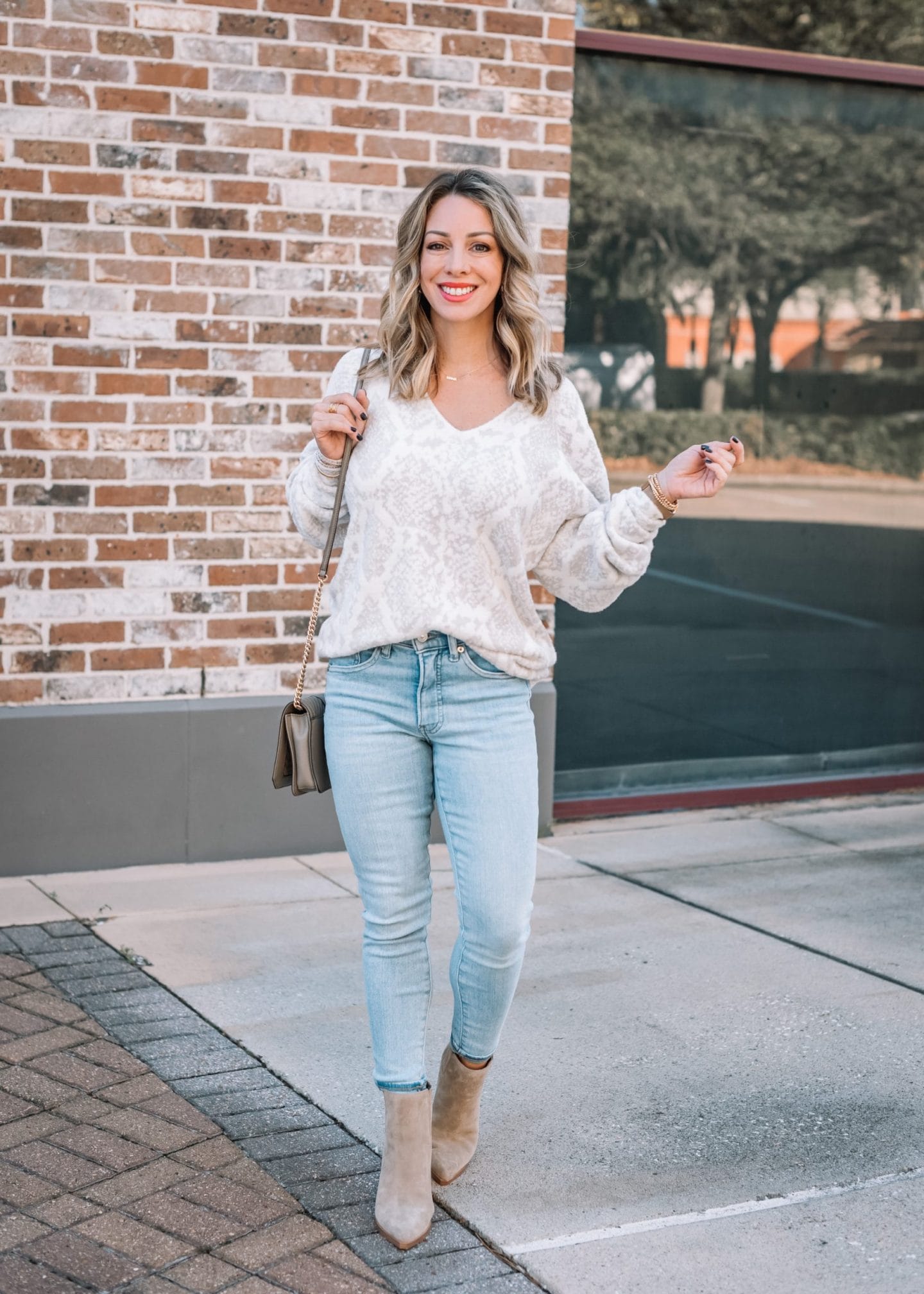 Express Fashion, Snakeskin Sweater, Jeans, Booties