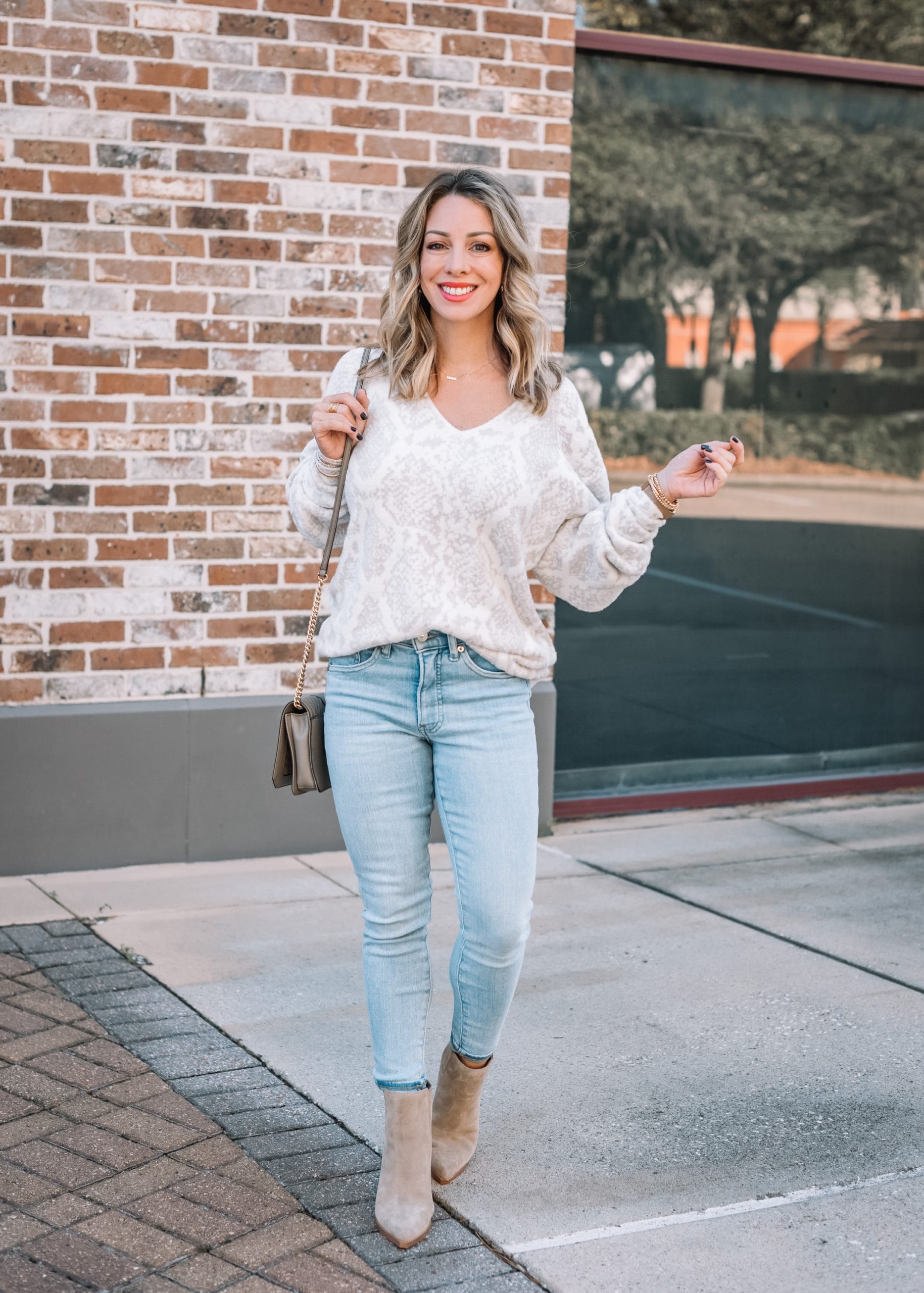 Express Fashion, Snakeskin Sweater, Jeans, Booties
