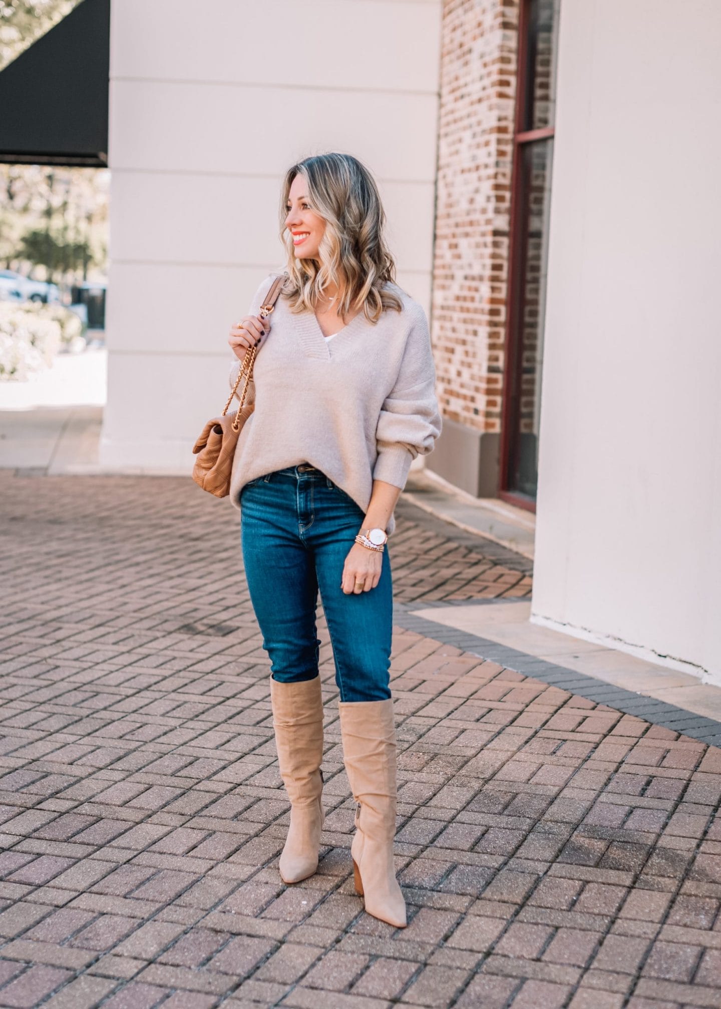 Express Fashion Finds, V-Neck Sweater, Skinny Jeans, Knee High Boots