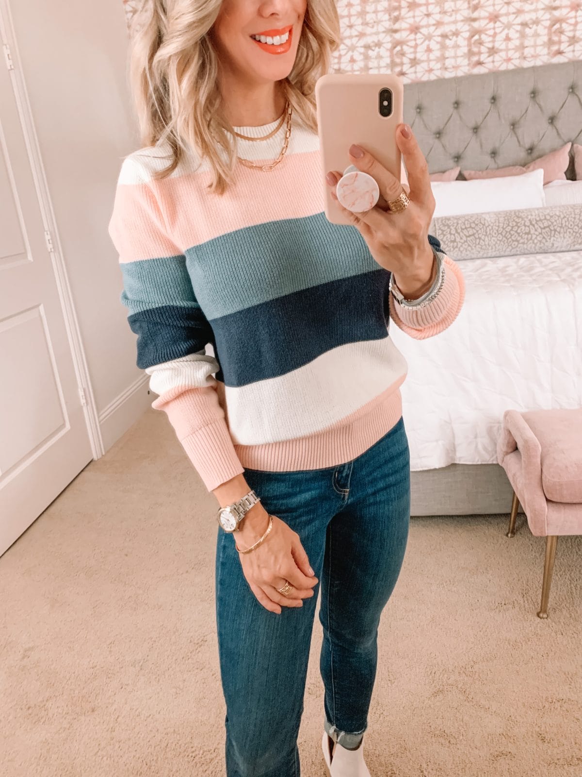 Amazon Fashion Faves, Colorblock Sweater, Jeans, White Booties 