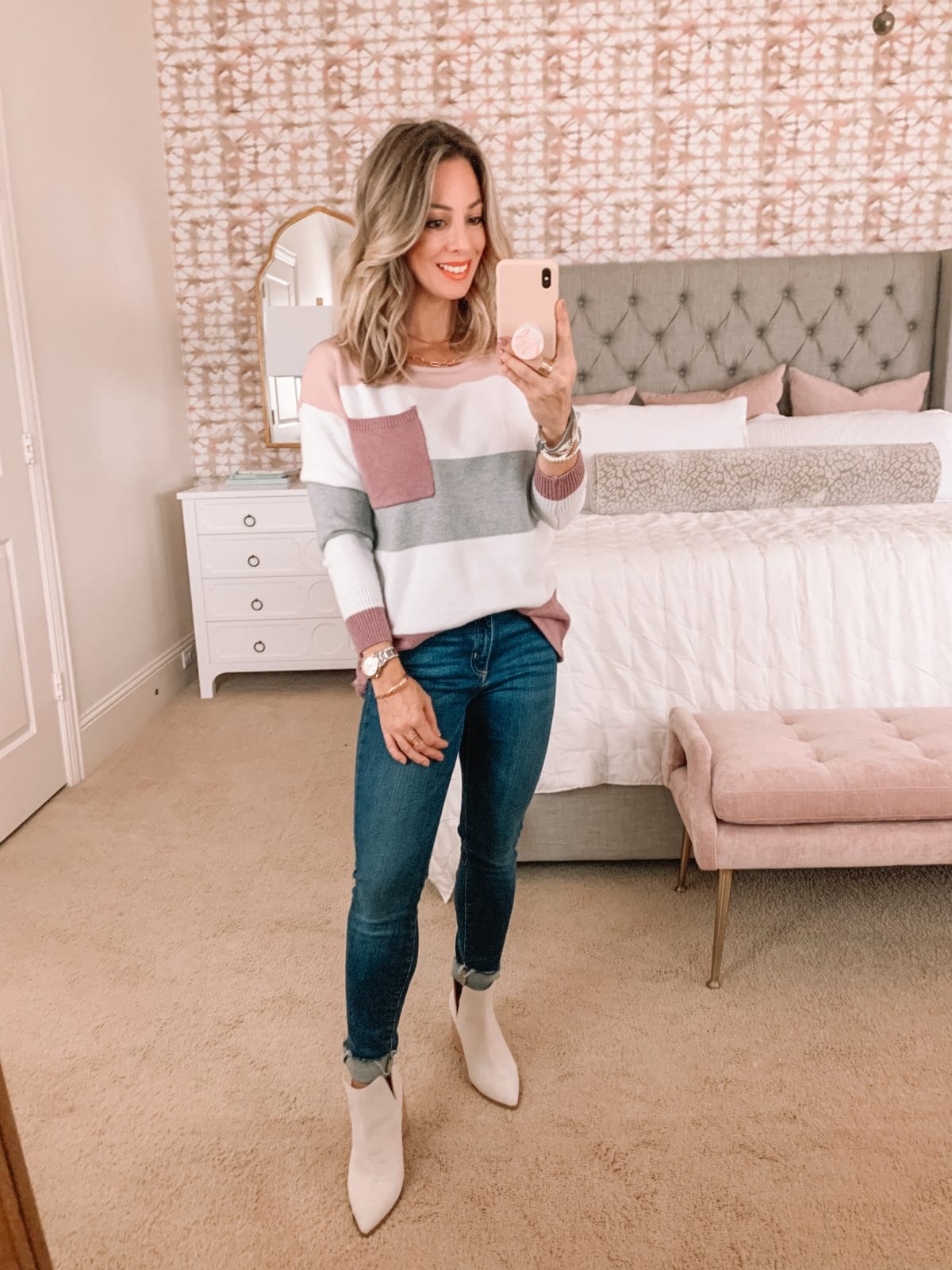 Amazon Fashion Faves, Coloblock Sweater with Pocket, Jeans, Booties 