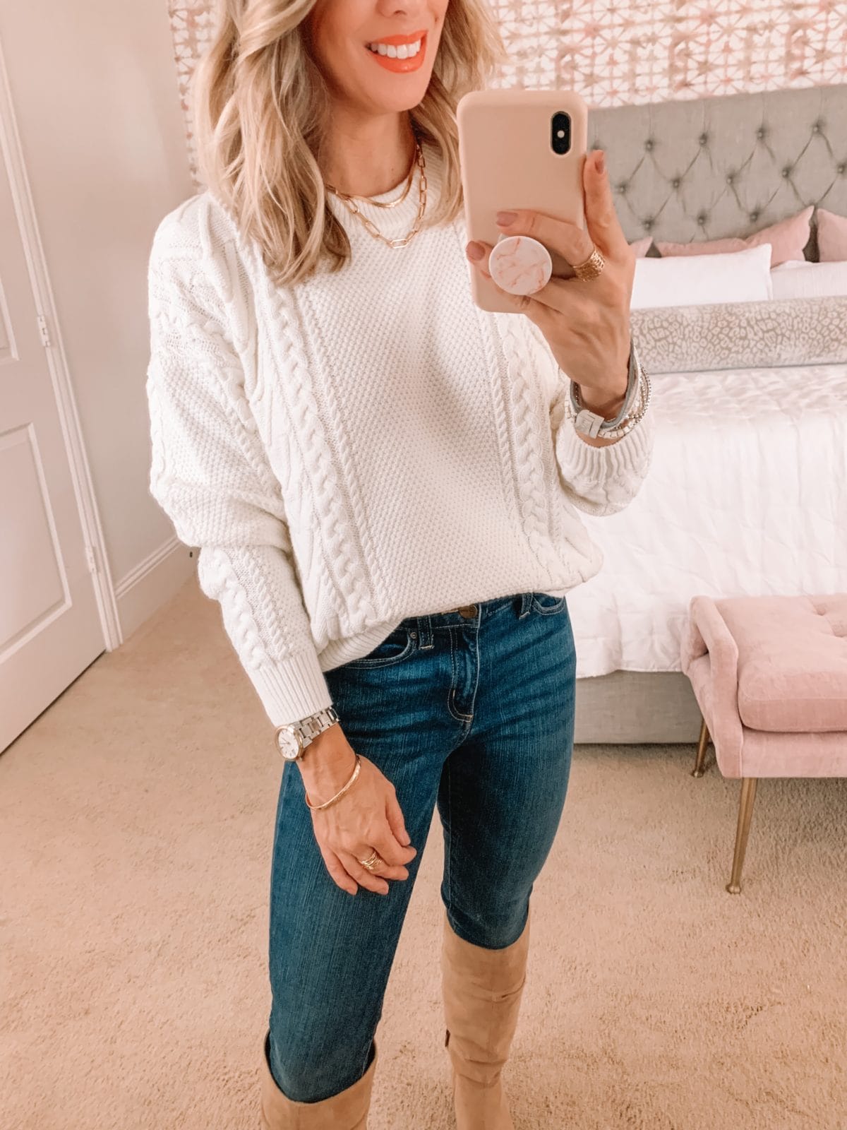 Amazon Fashion Faves, Cable knit Sweater, Jeans, Boots