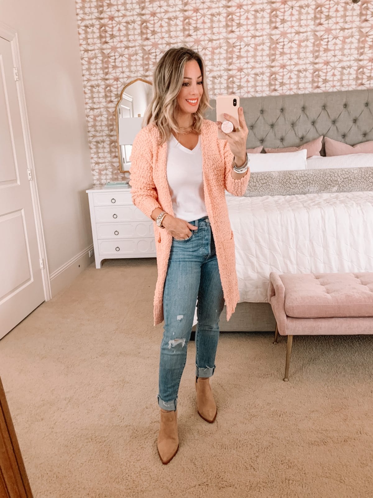 Amazon Fashion Faves, Tee, Cardigan, Jeans, Booties 