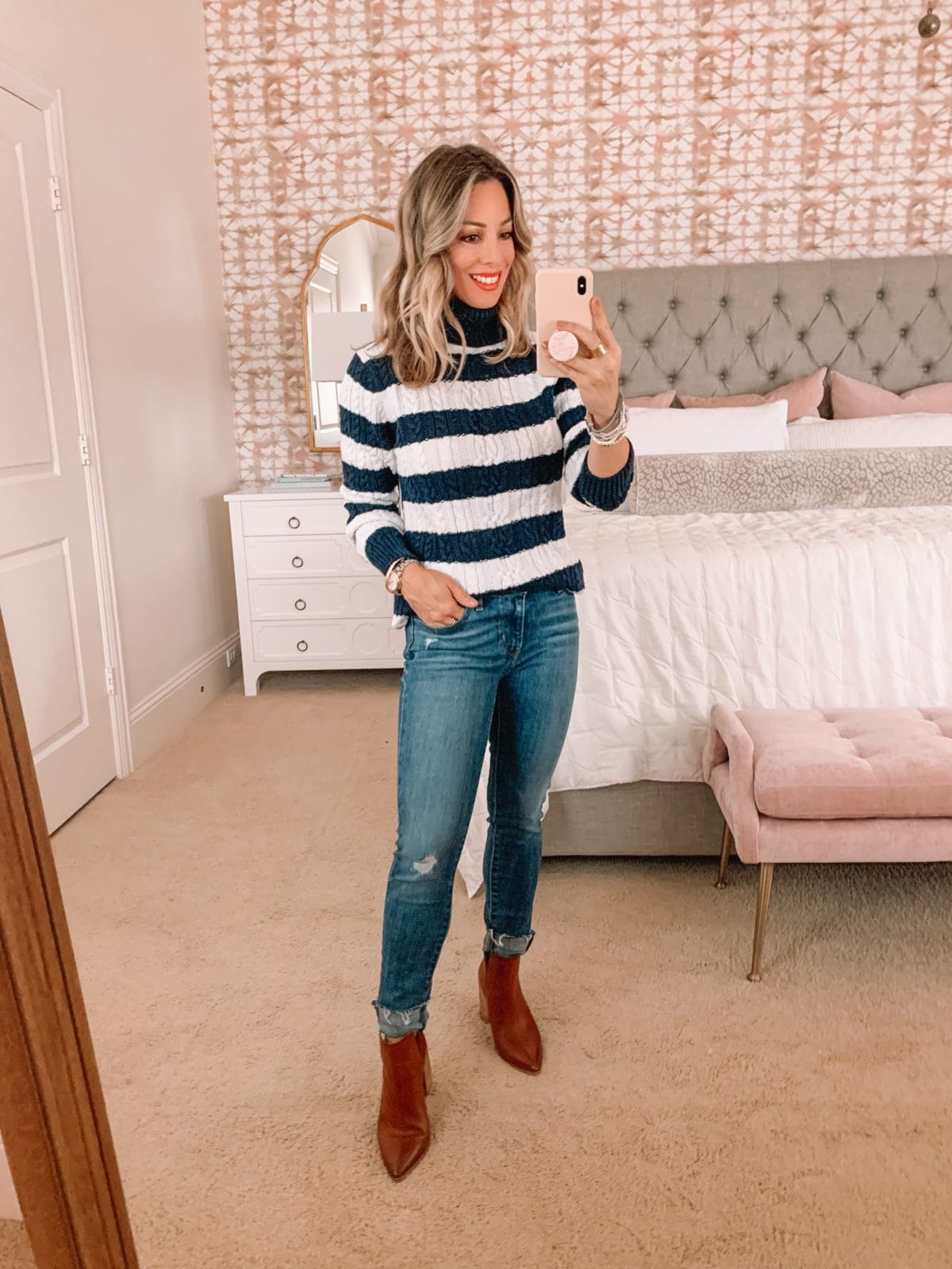 Amazon Fashion Faves, Striped Sweater, jeans, Booties 